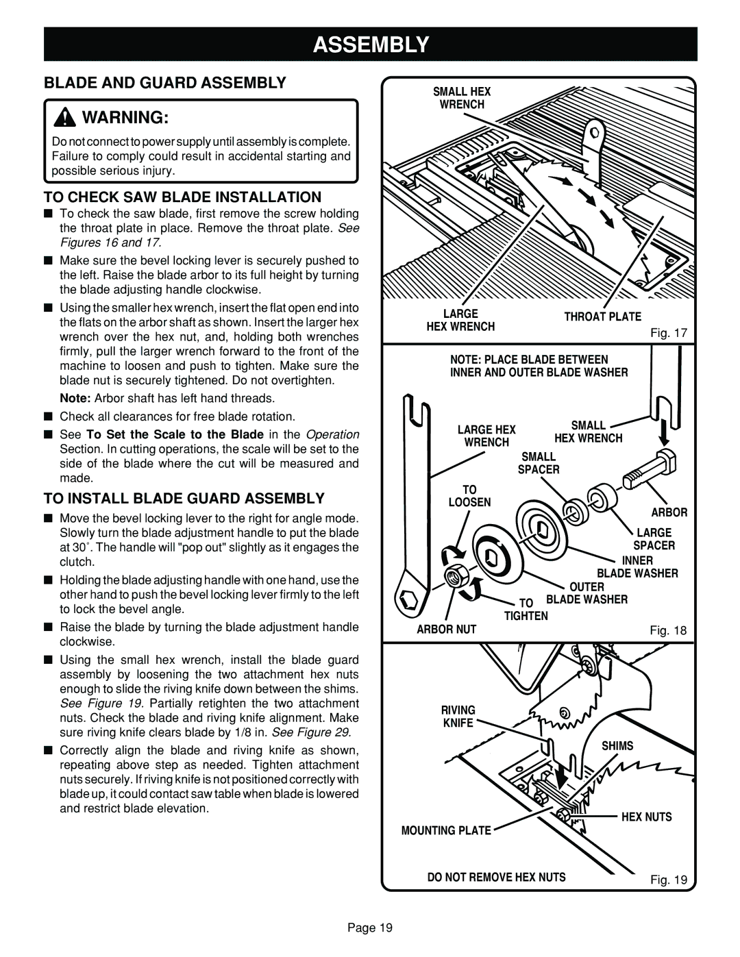 Ryobi BT3100 manual To Check SAW Blade Installation, To Install Blade Guard Assembly, Small HEX Wrench, Throat Plate 