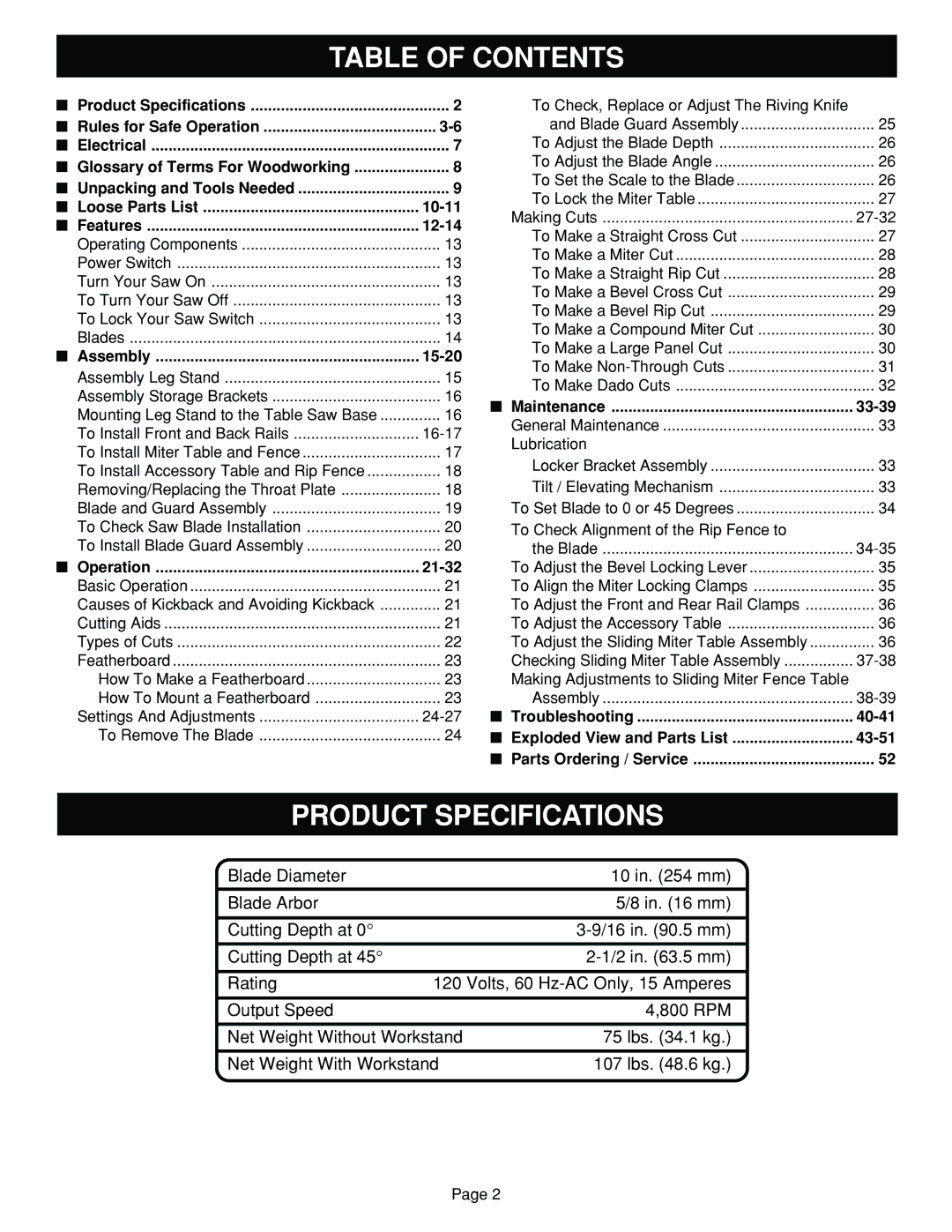 Ryobi BT3100 manual Table of Contents, Product Specifications 