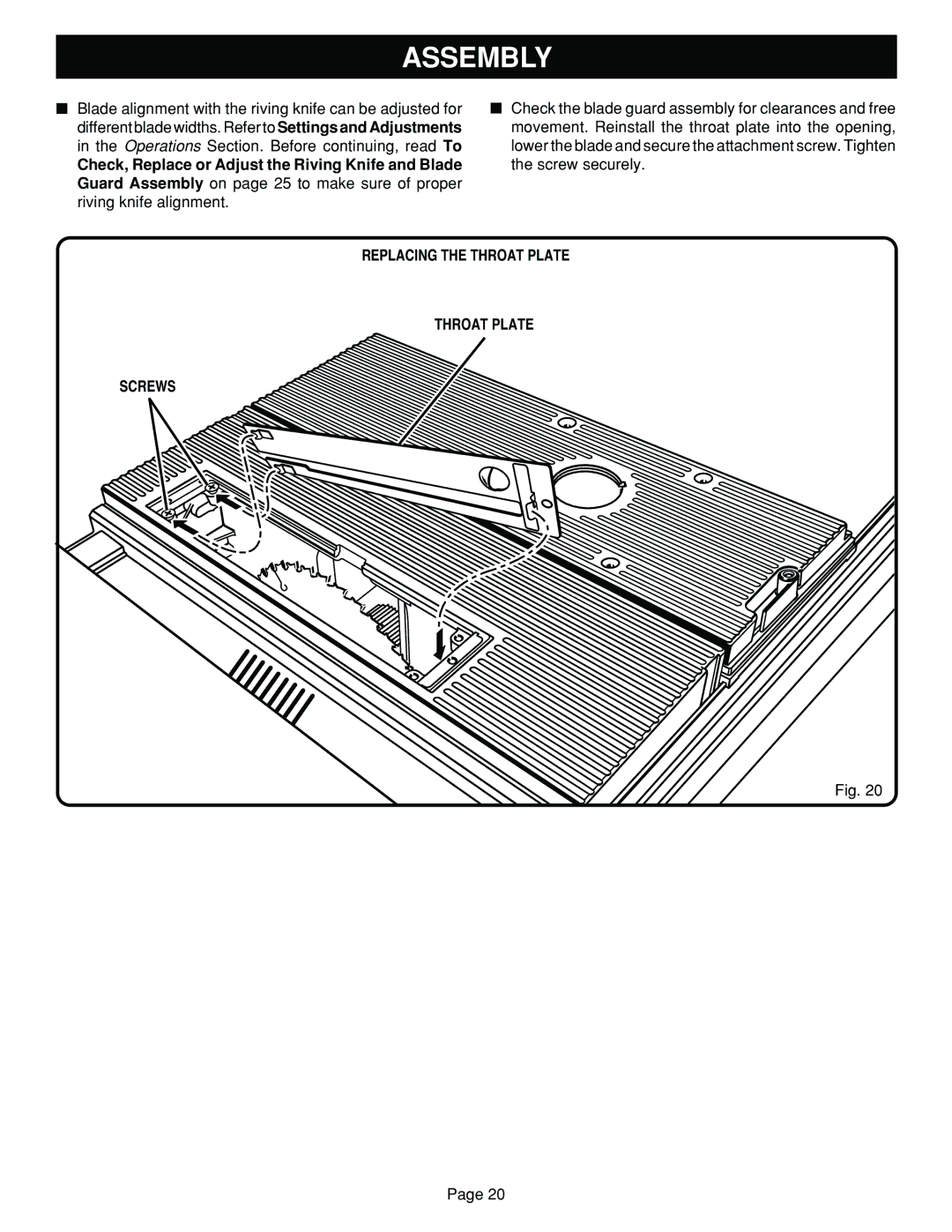 Ryobi BT3100 manual Replacing the Throat Plate Screws 