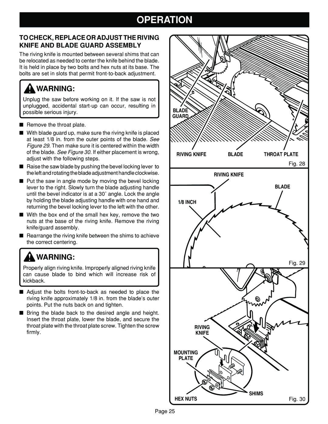 Ryobi BT3100 manual Blade Guard Riving Knife, Riving Knife Blade, Inch, Riving Knife Mounting Plate HEX Nuts Shims 