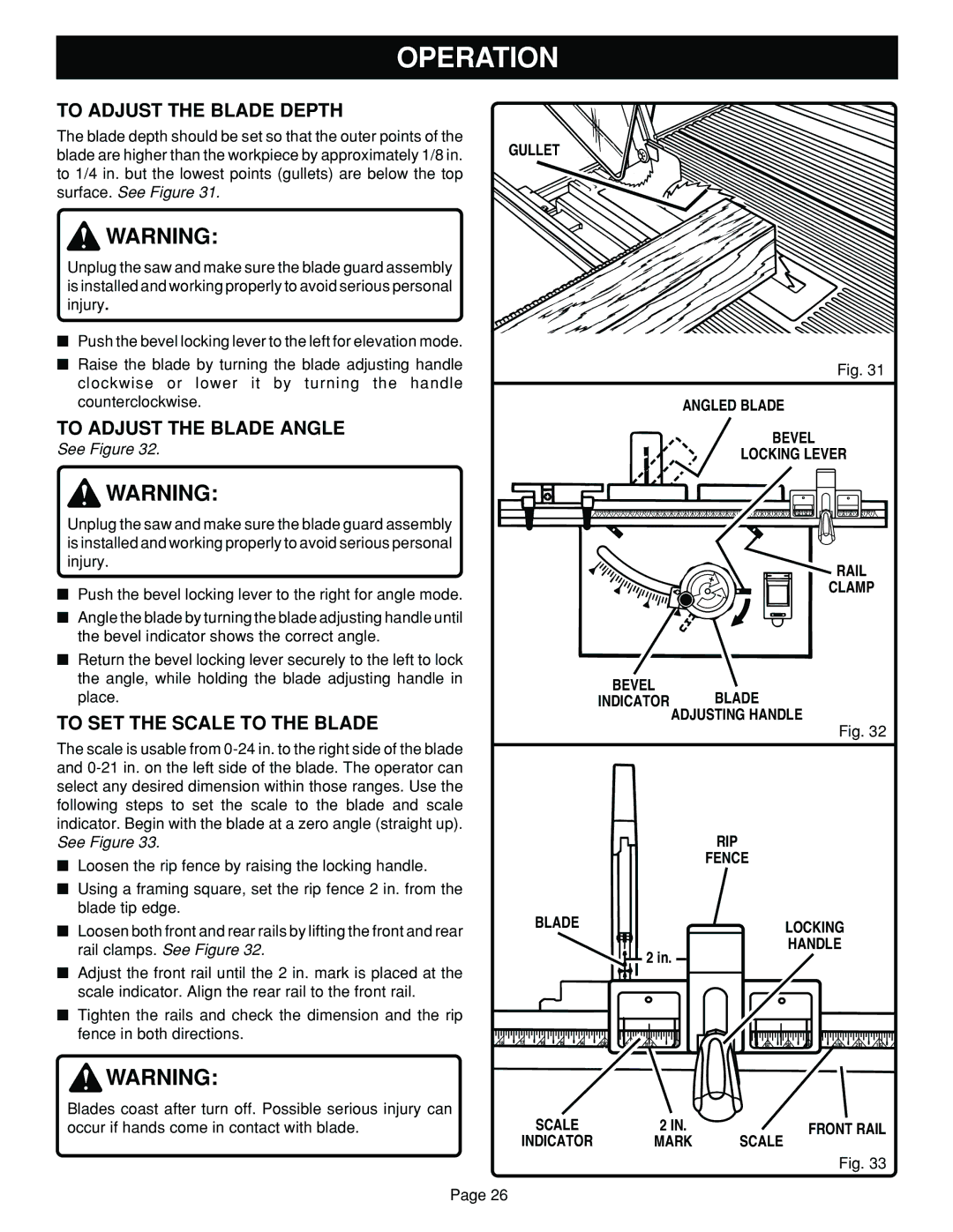 Ryobi BT3100 manual To Adjust the Blade Depth, To Adjust the Blade Angle, To SET the Scale to the Blade 