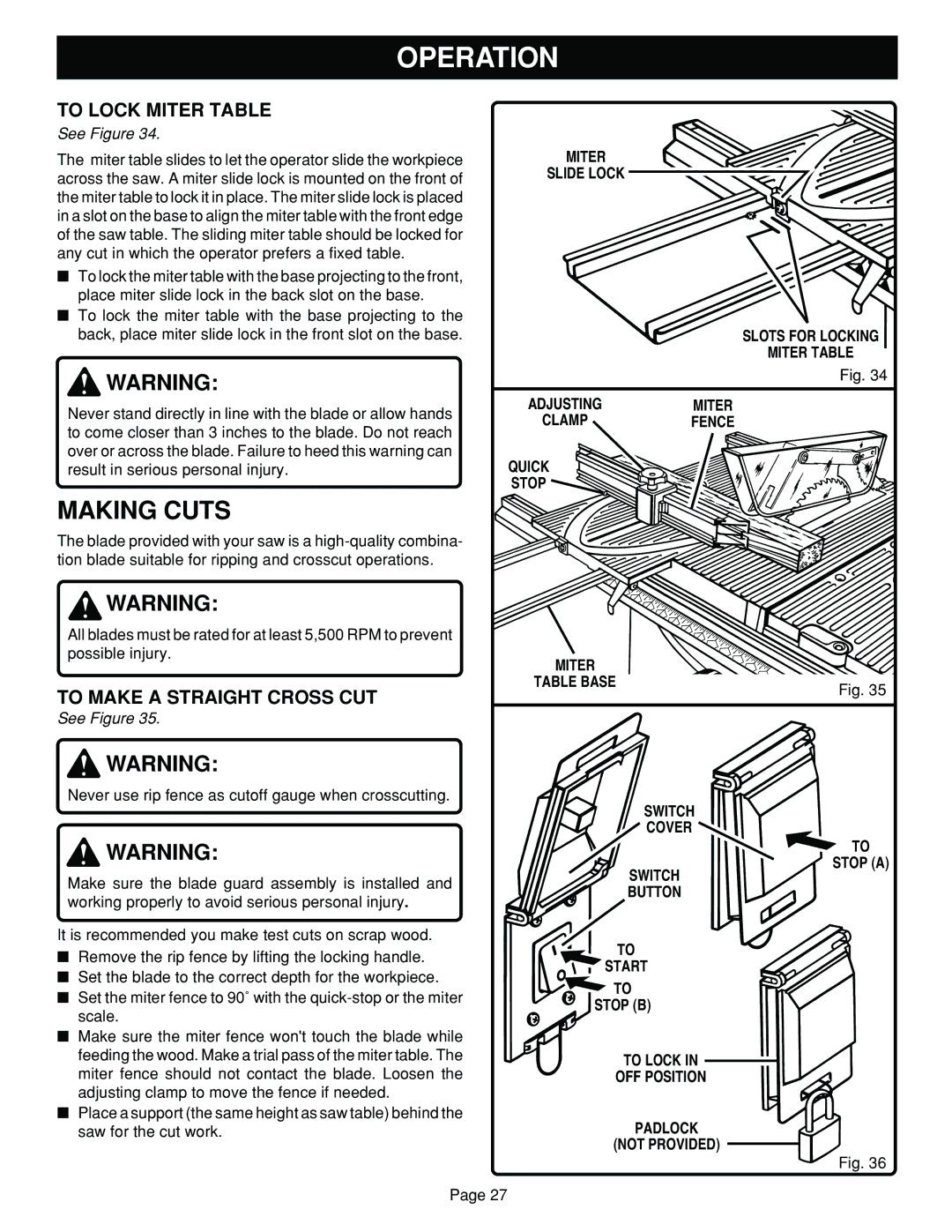 Ryobi BT3100 manual To Lock Miter Table, To Make a Straight Cross CUT, Miter Slide Lock Slots for Locking Miter Table 