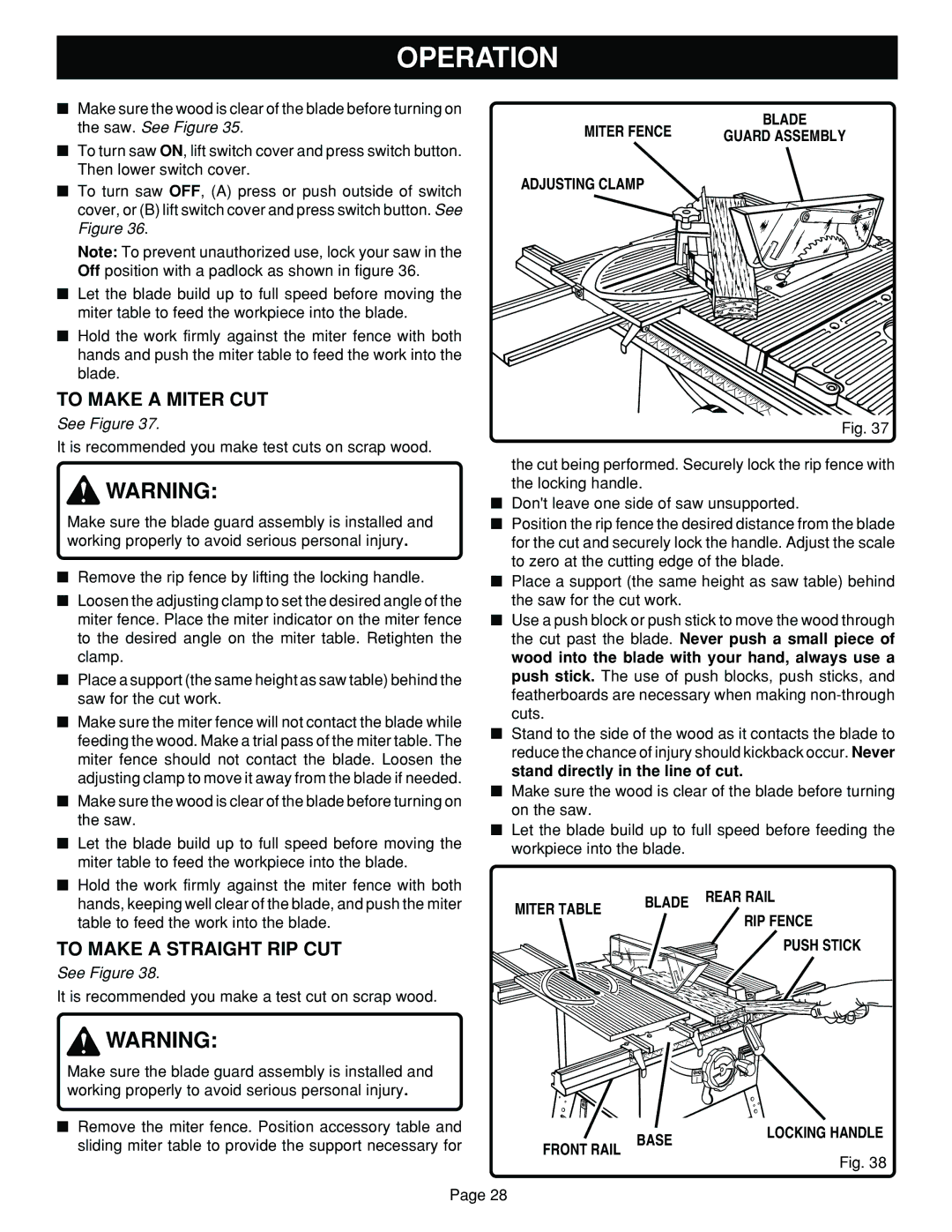 Ryobi BT3100 To Make a Miter CUT, To Make a Straight RIP CUT, Adjusting Clamp, Miter Table Blade Rear Rail RIP Fence, Base 