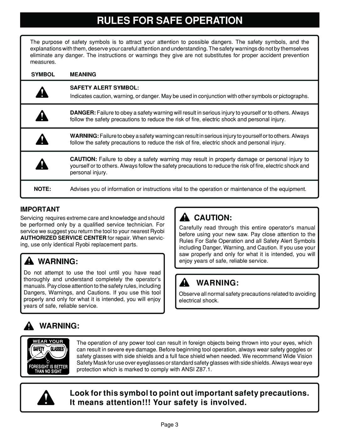 Ryobi BT3100 manual Rules for Safe Operation, Symbol Meaning Safety Alert Symbol 