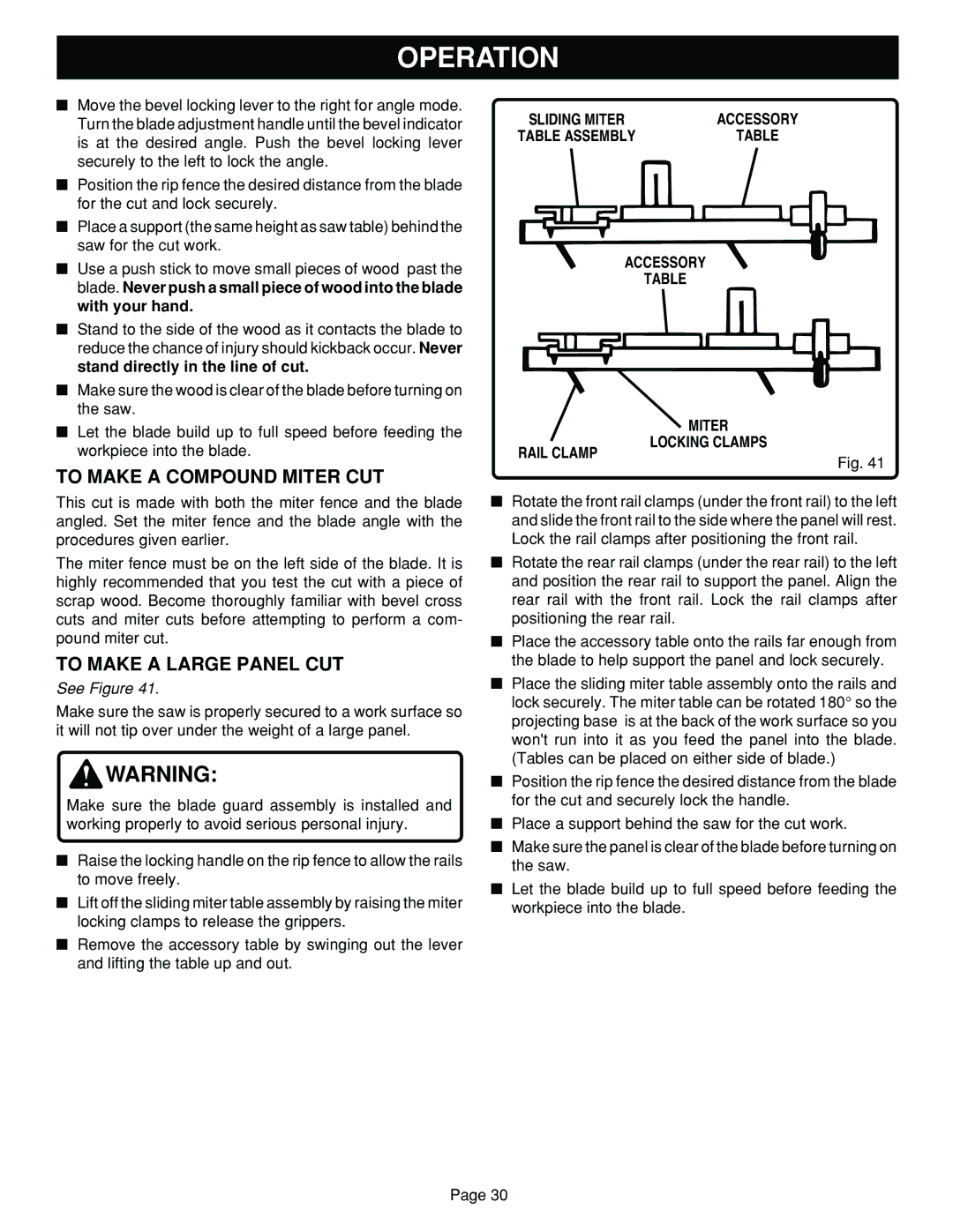 Ryobi BT3100 manual To Make a Compound Miter CUT, To Make a Large Panel CUT, Accessory Miter Locking Clamps Rail Clamp 