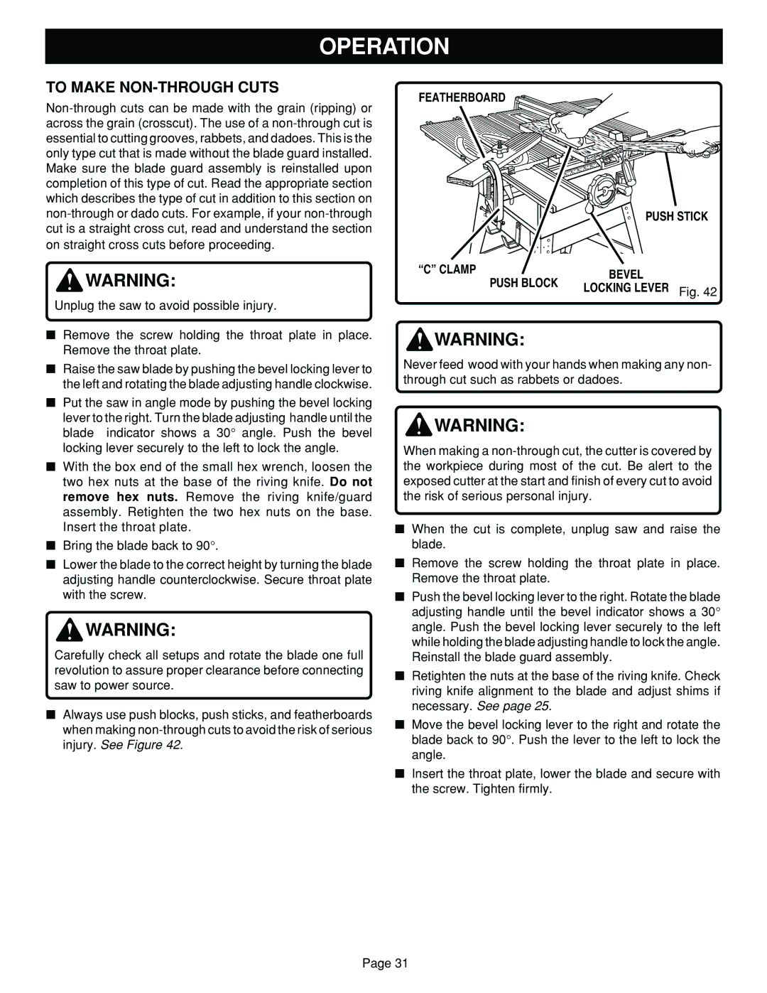 Ryobi BT3100 manual To Make NON-THROUGH Cuts, Featherboard, Clamp Push Block Bevel 