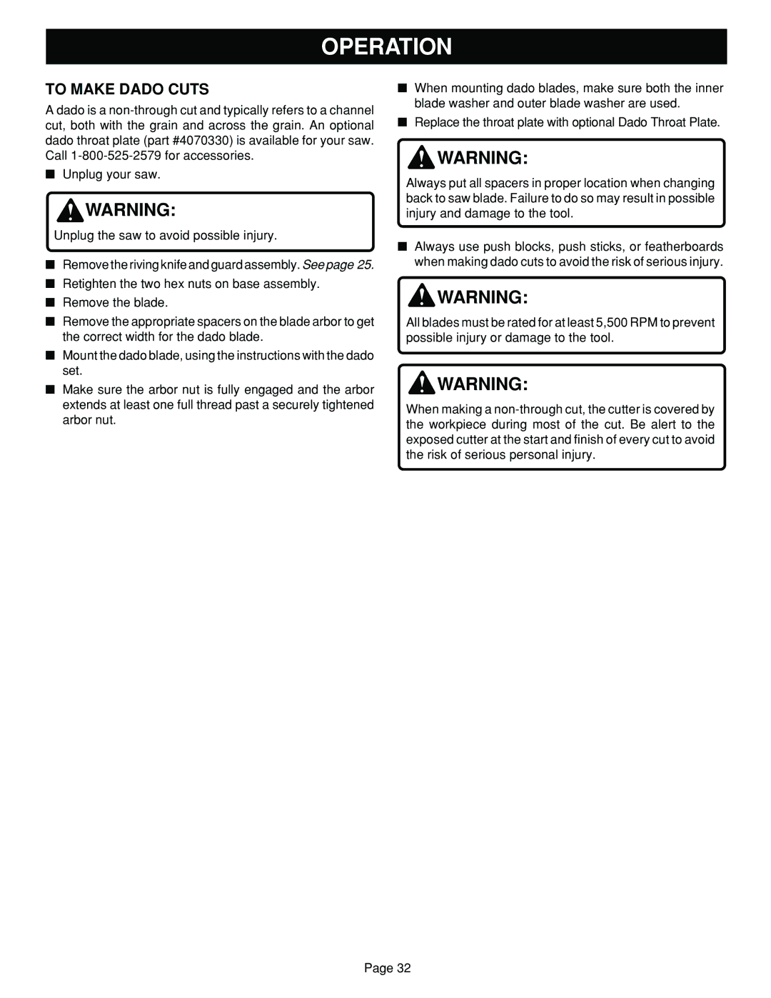 Ryobi BT3100 manual To Make Dado Cuts 