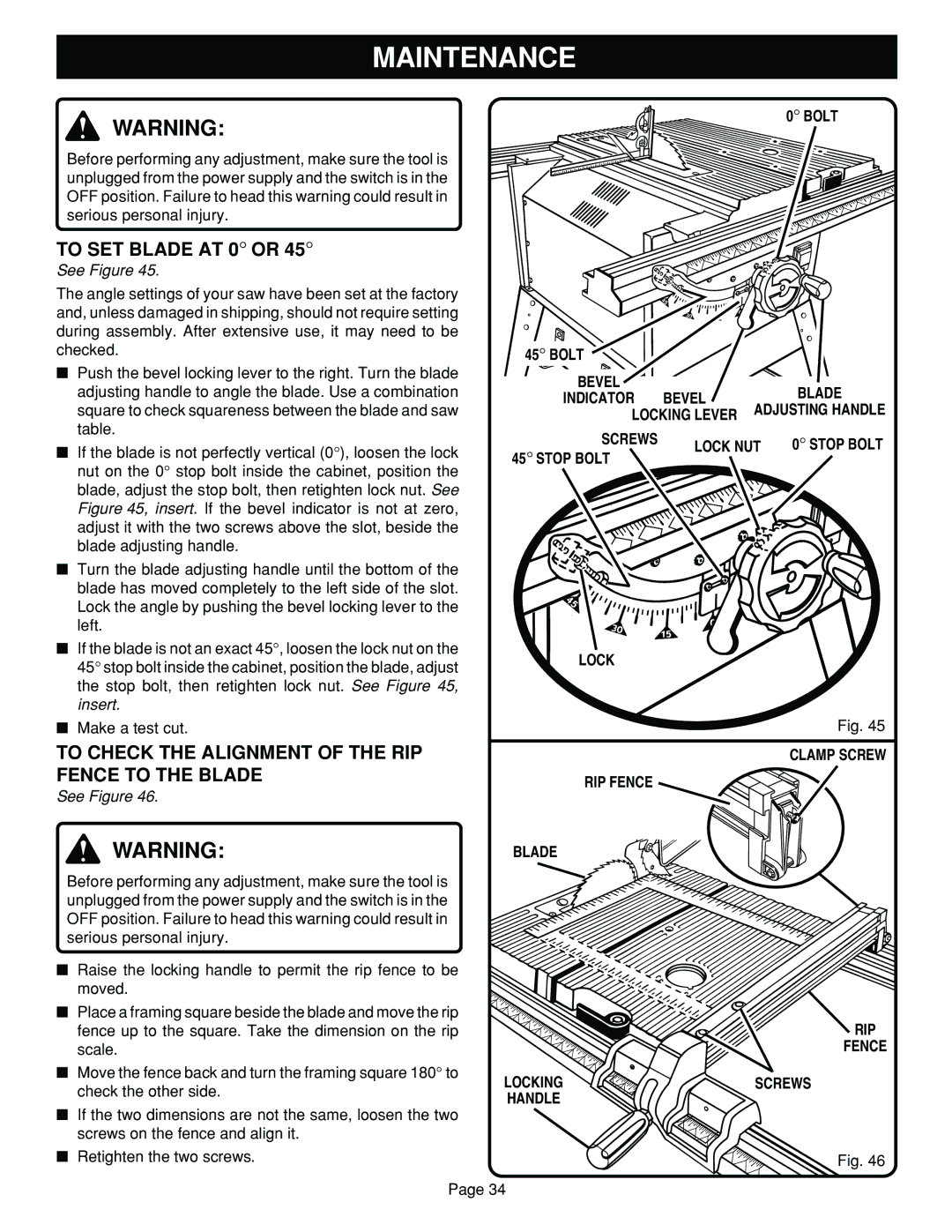 Ryobi BT3100 To SET Blade AT 0 or, To Check the Alignment of the RIP Fence to the Blade, Screws Lock NUT, Stop Bolt Lock 