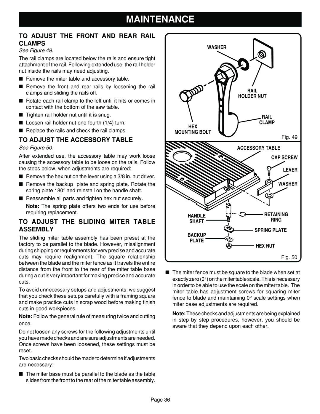 Ryobi BT3100 manual To Adjust the Front and Rear Rail Clamps, To Adjust the Accessory Table, Spring Plate Backup HEX NUT 