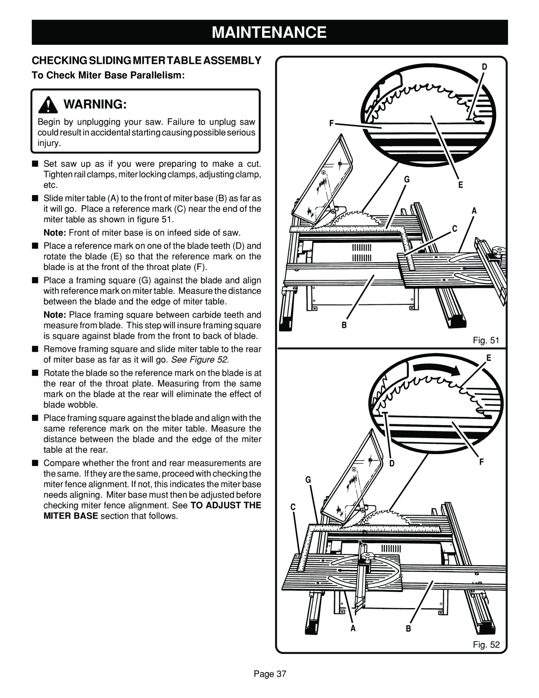 Ryobi BT3100 manual Checking Sliding Miter Table Assembly, To Check Miter Base Parallelism 