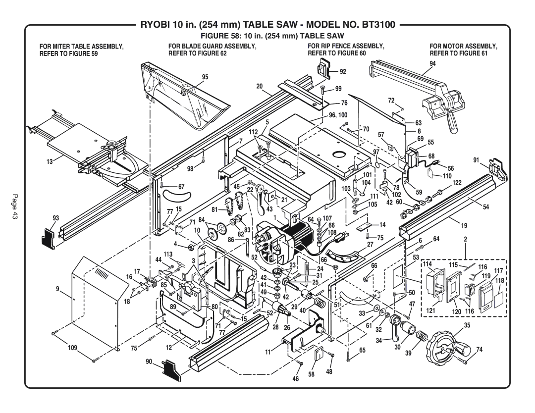 Ryobi BT3100 manual Refer to Figure, 7672 112 101 110 104 122 103 111 102 105 107 108 113, 115 116 117 119 118 121 120 109 