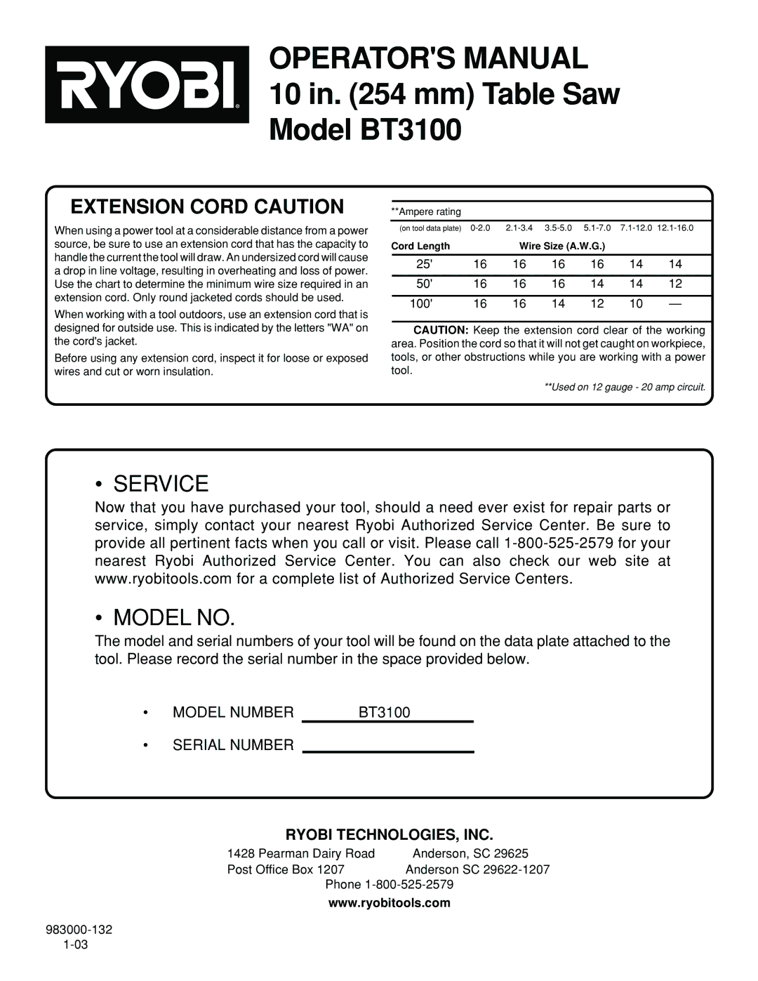 Ryobi manual Operators Manual 10 in mm Table Saw Model BT3100, Ryobi TECHNOLOGIES, INC 