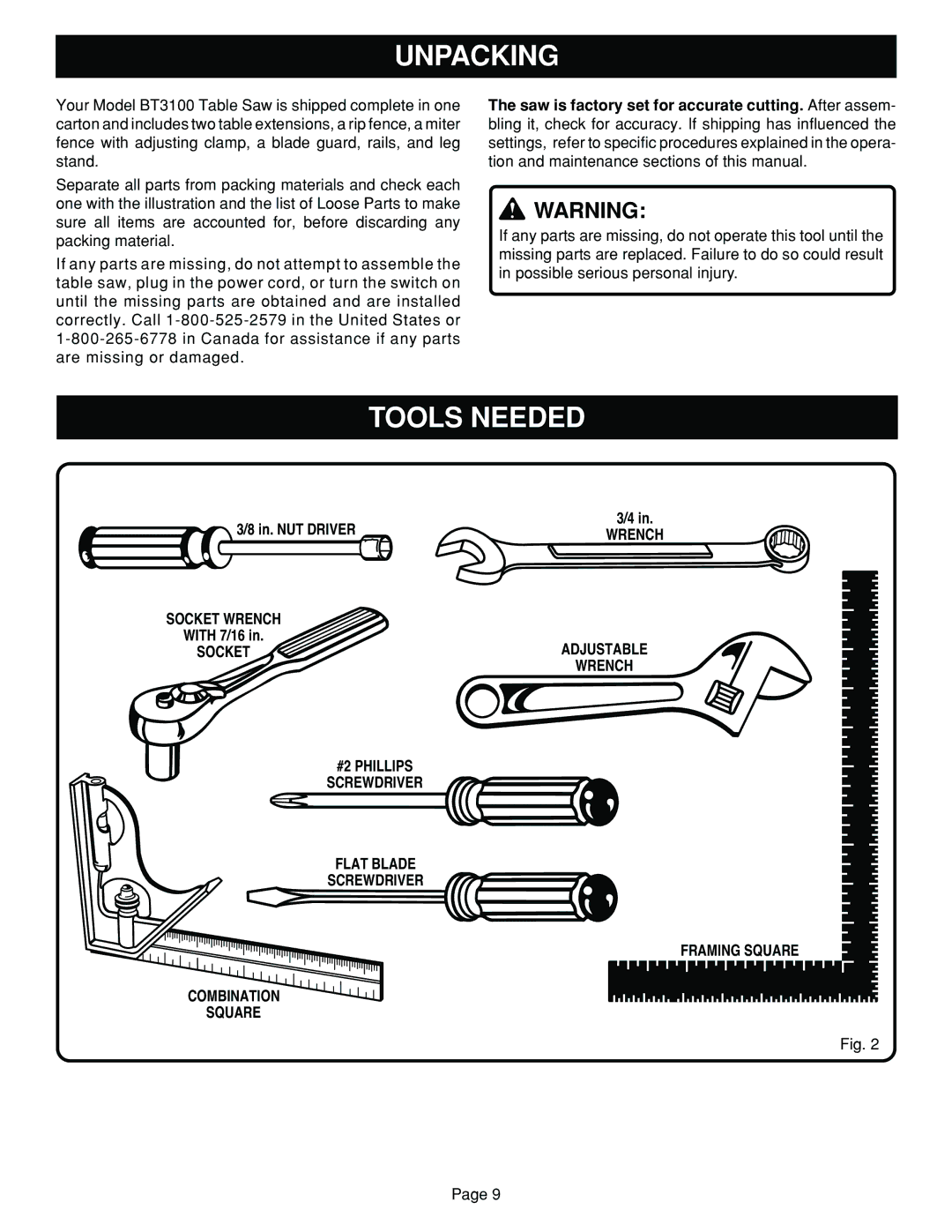 Ryobi BT3100 manual Unpacking, Tools Needed, In. NUT Driver, Socket Wrench, With 7/16 