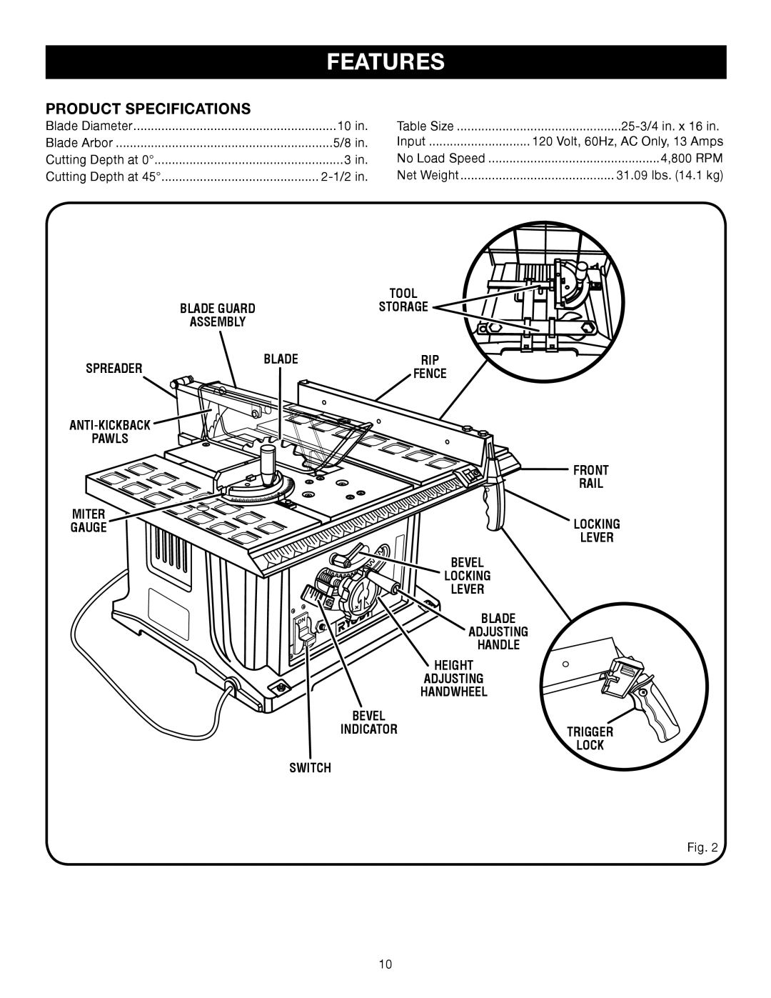 Ryobi BTS10 manual Features, Product Specifications 