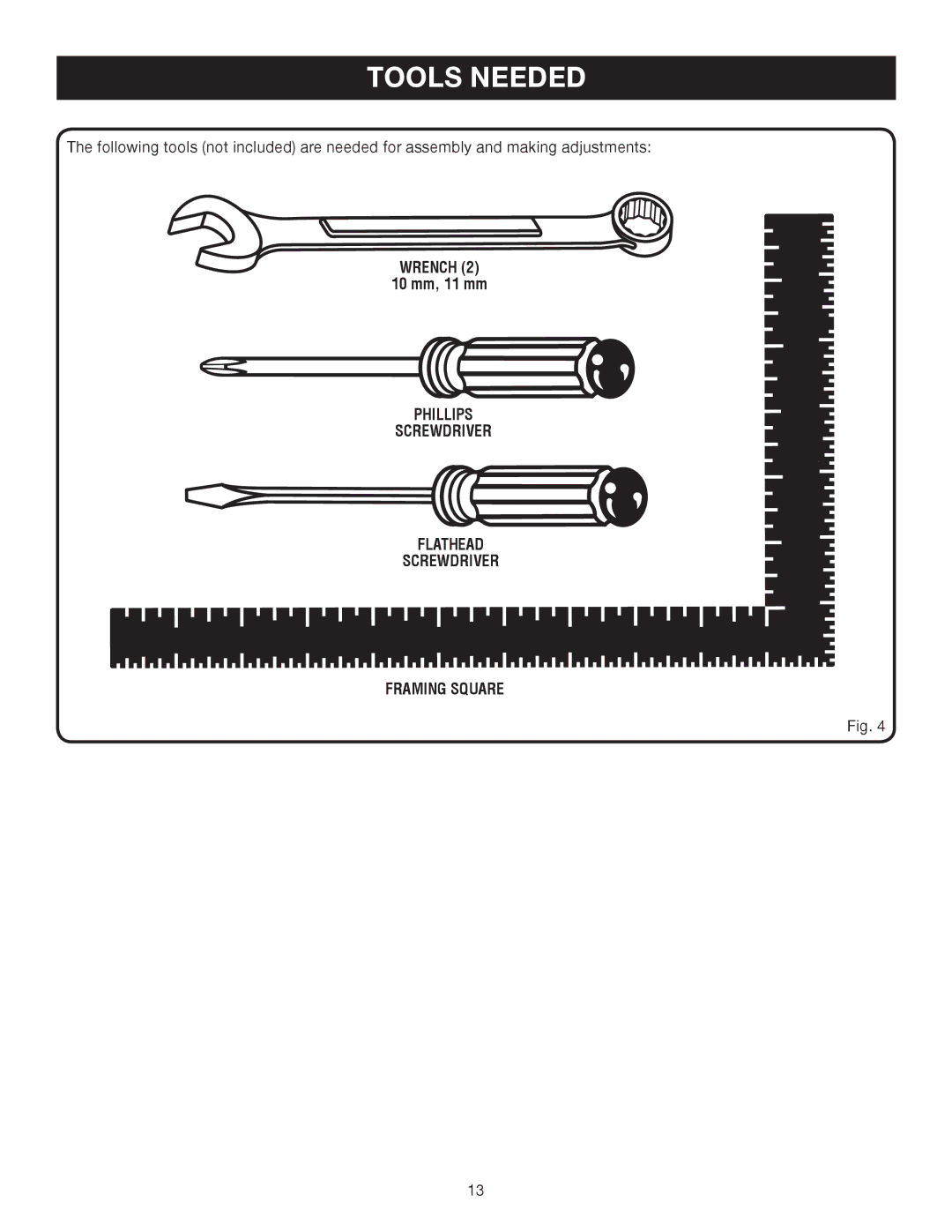 Ryobi BTS10 manual Tools Needed, Wrench, 10 mm, 11 mm, Phillips Screwdriver Flathead Framing Square 