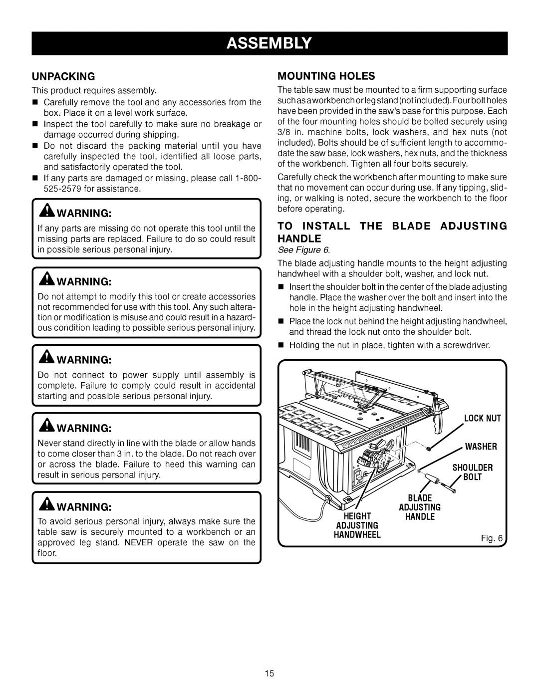 Ryobi BTS10 manual Assembly, Unpacking, Mounting Holes, To Install the Blade Adjusting Handle, Lock NUT 