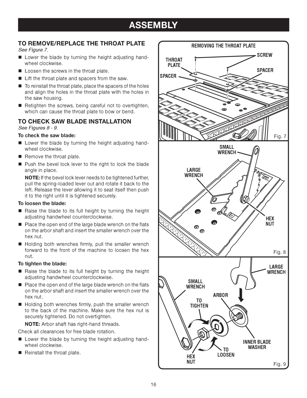 Ryobi BTS10 manual To REMOVE/REPLACE the Throat Plate, To Check SAW Blade Installation 