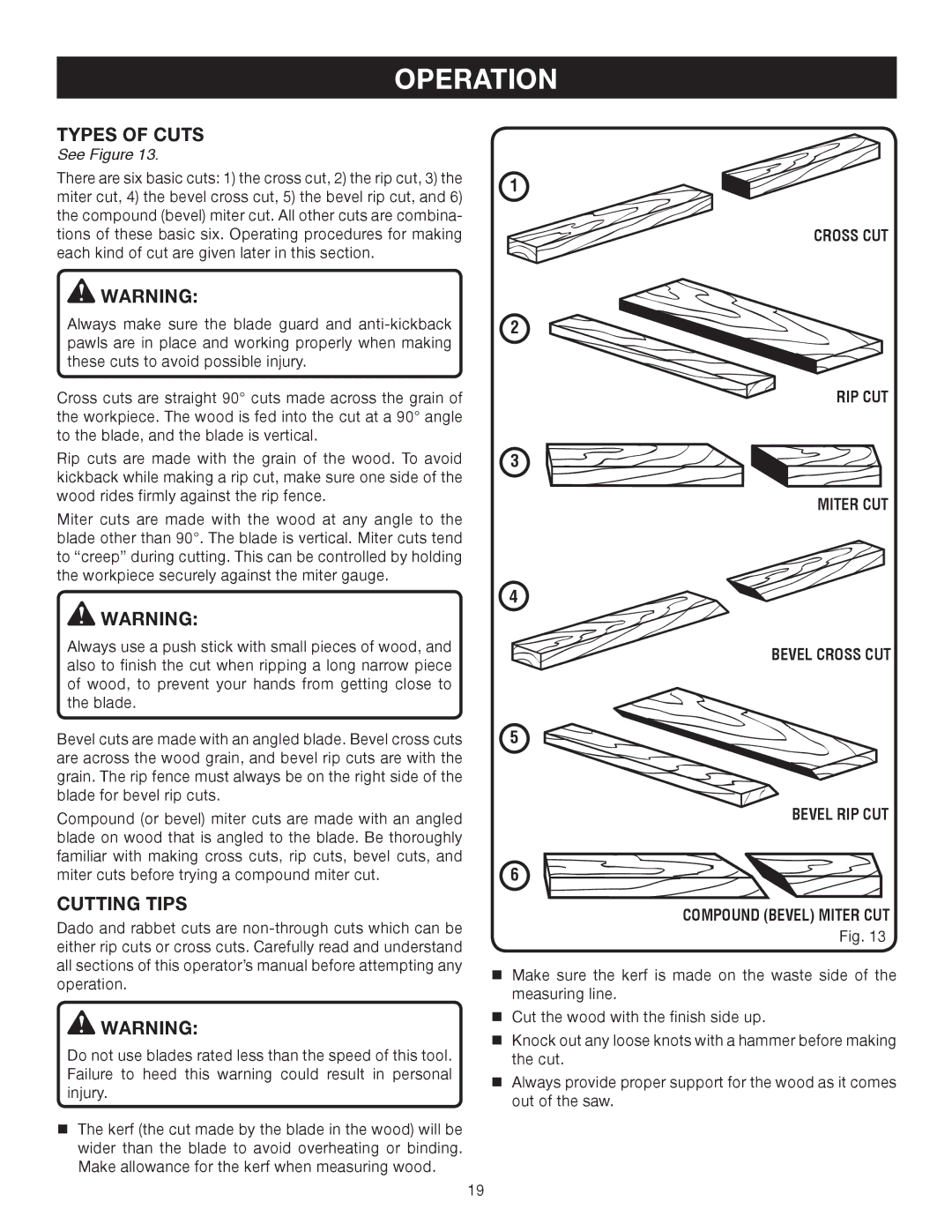 Ryobi BTS10 manual Types of Cuts, Cutting Tips, Cross CUT 