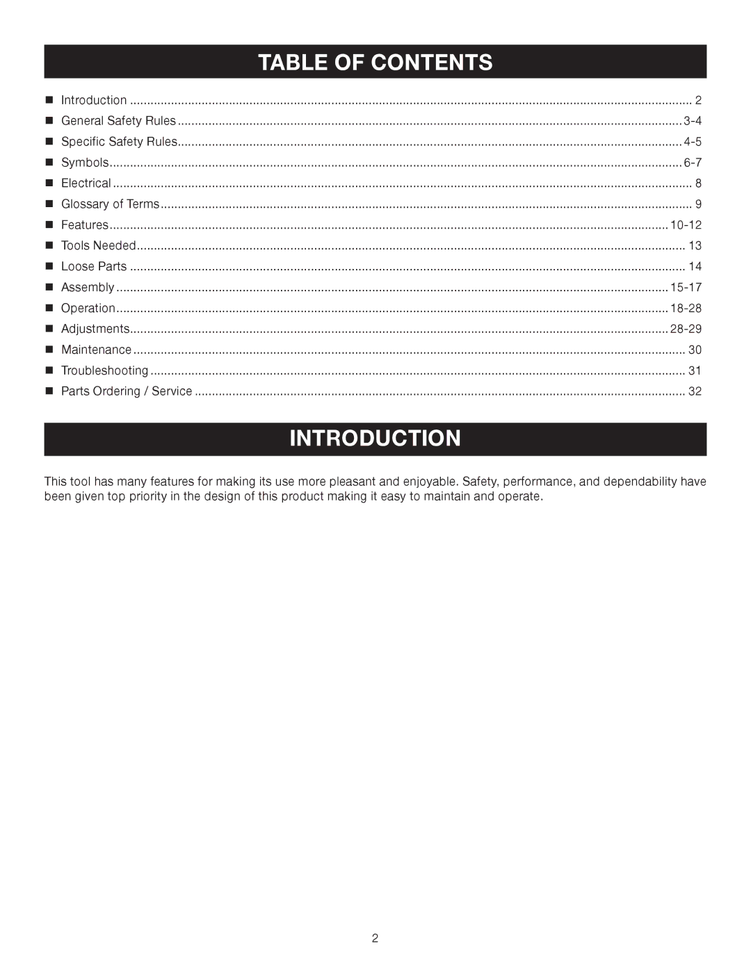 Ryobi BTS10 manual Introduction, Table of Contents 