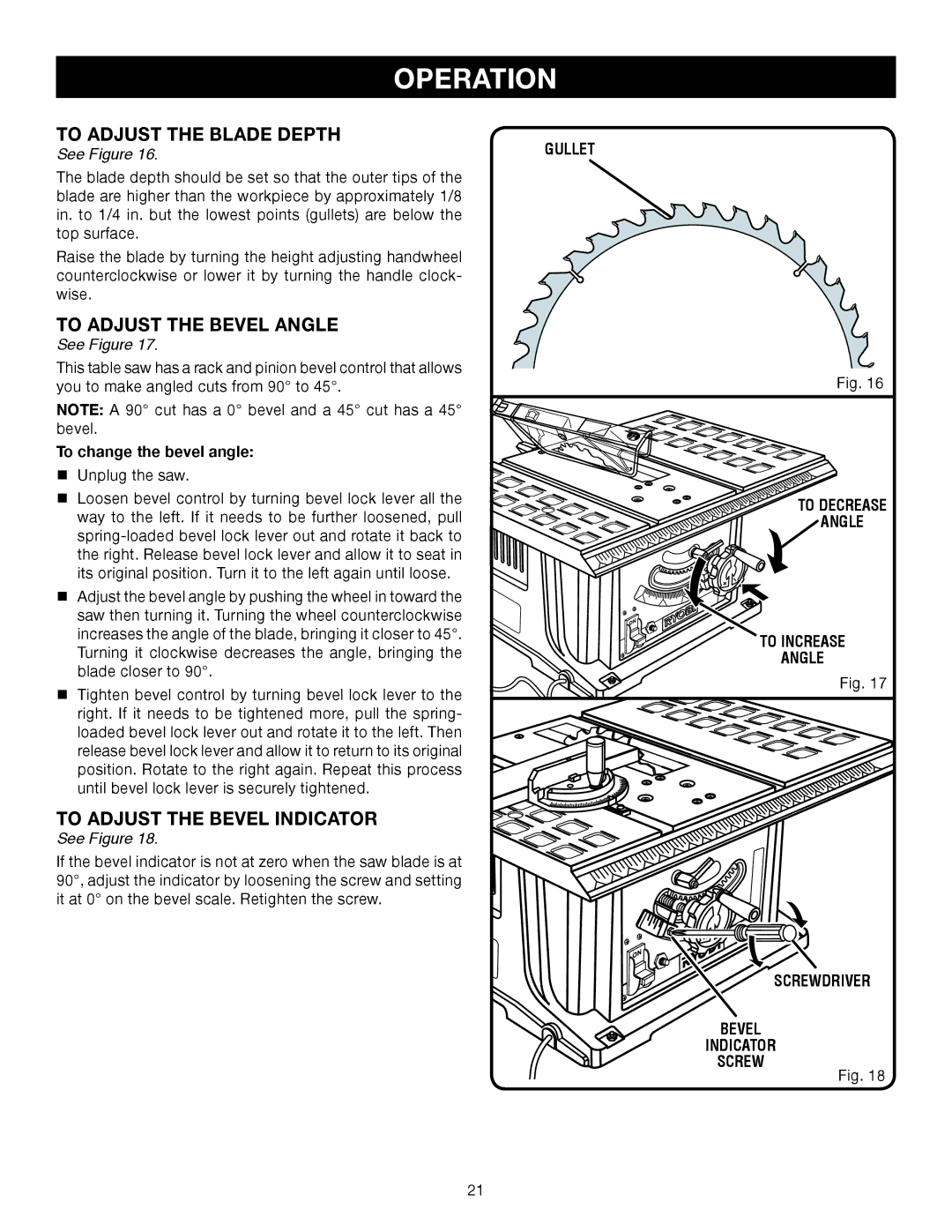 Ryobi BTS10 manual To Adjust the Blade Depth, To Adjust the Bevel Angle, To Adjust the Bevel Indicator 