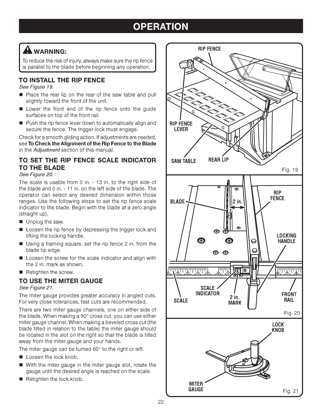 Ryobi BTS10 manual To Install the RIP Fence, To SET the RIP Fence Scale Indicator to the Blade, To USE the Miter Gauge 