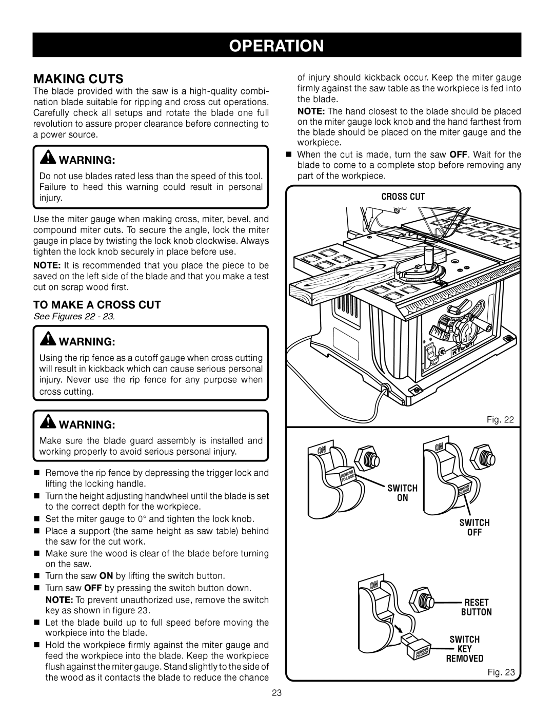 Ryobi BTS10 manual To Make a Cross CUT, Cross CUT Switch OFF Reset Button 