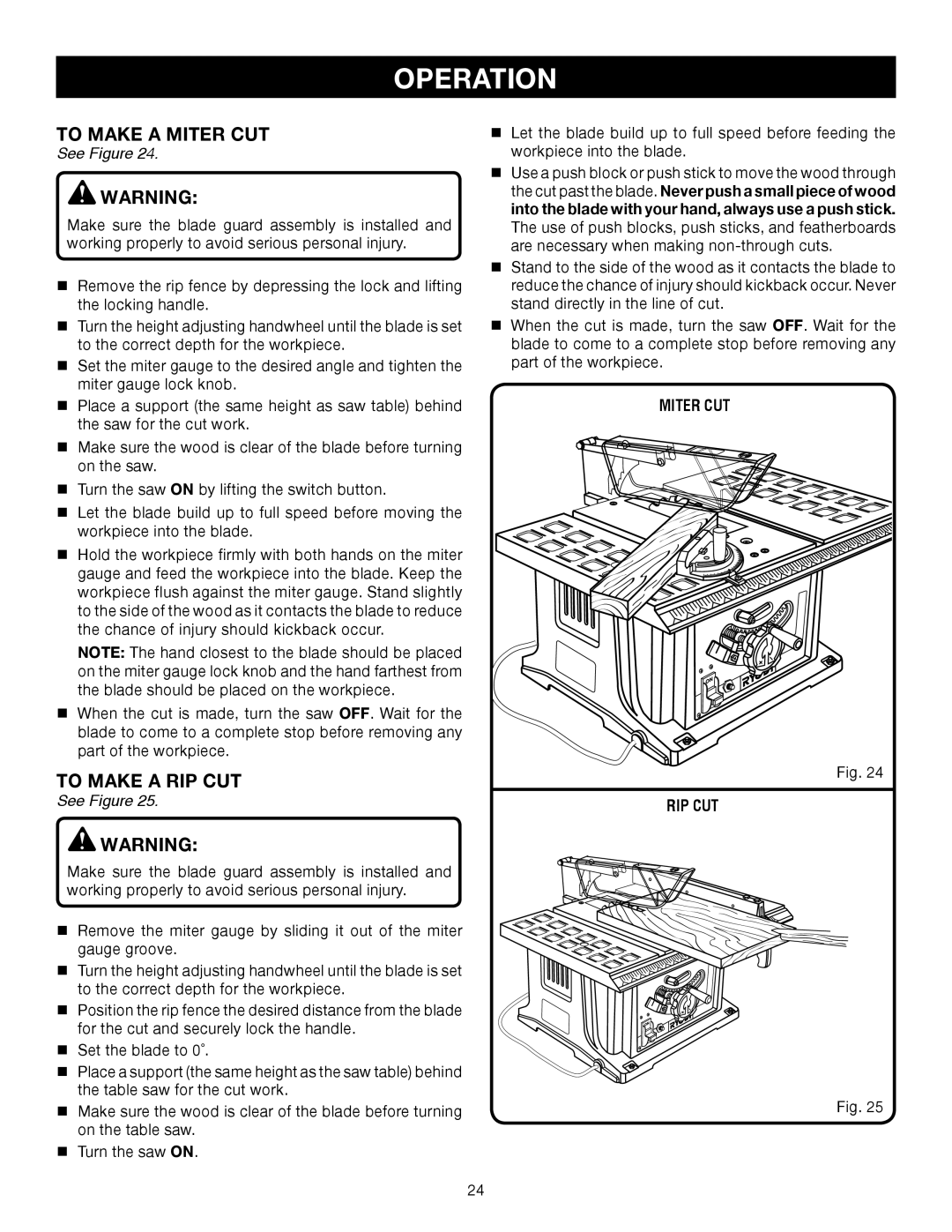 Ryobi BTS10 manual To Make a Miter CUT, To Make a RIP CUT, Miter CUT RIP CUT 