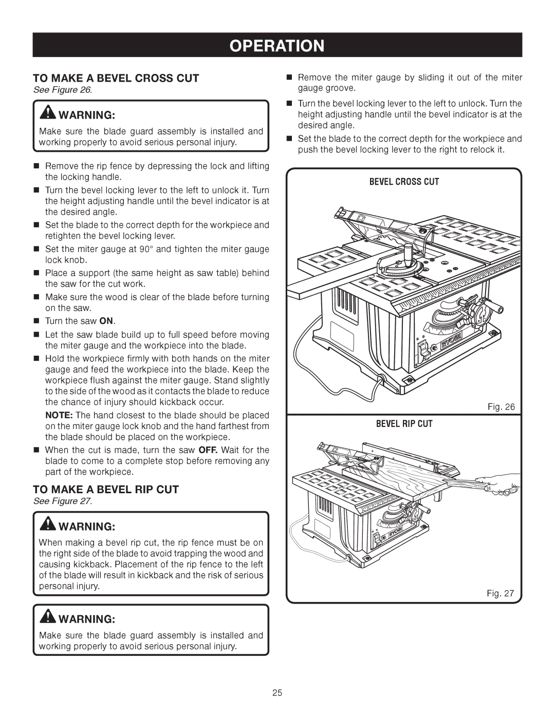 Ryobi BTS10 manual To Make a Bevel Cross CUT, To Make a Bevel RIP CUT, Bevel Cross CUT Bevel RIP CUT 