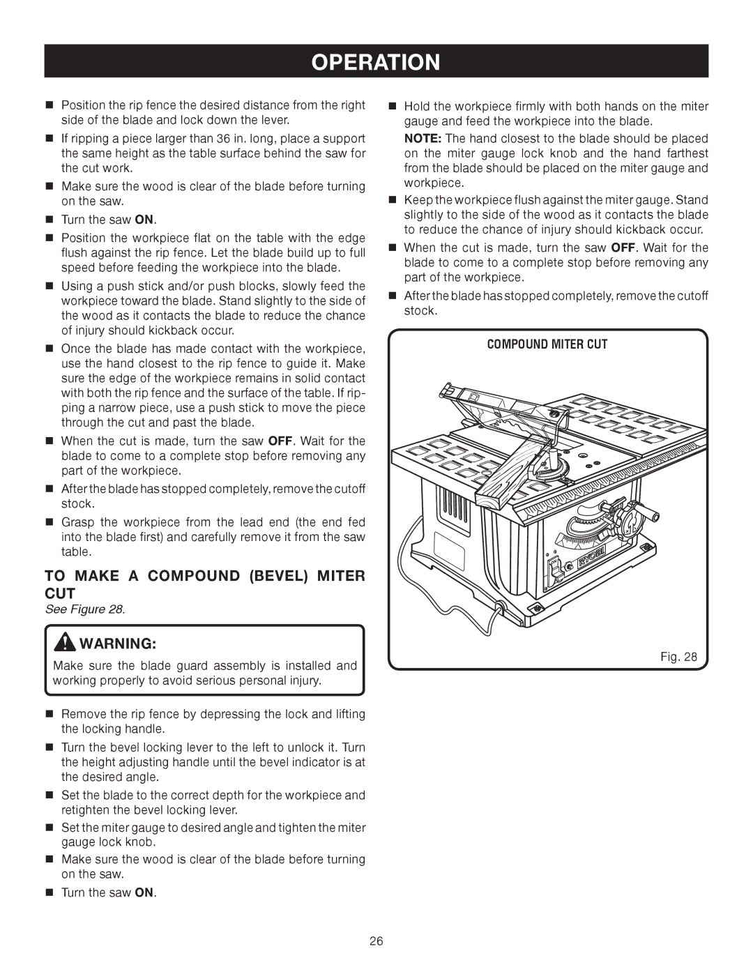 Ryobi BTS10 manual To Make a Compound Bevel Miter CUT, Compound Miter CUT 