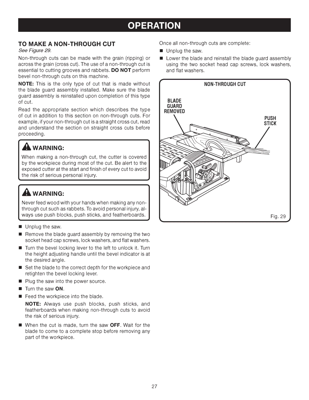 Ryobi BTS10 manual To Make a NON-THROUGH CUT, NON-THROUGH CUT Blade Guard Removed Push Stick 