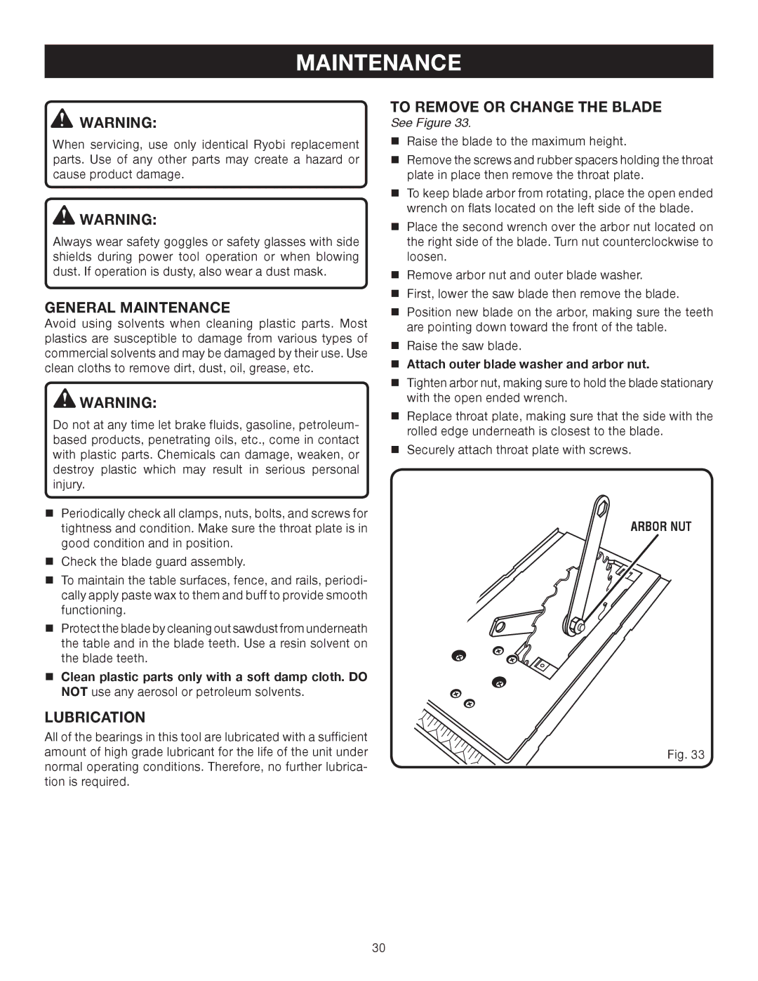 Ryobi BTS10 manual General Maintenance, Lubrication, To Remove or Change the Blade, Arbor NUT 