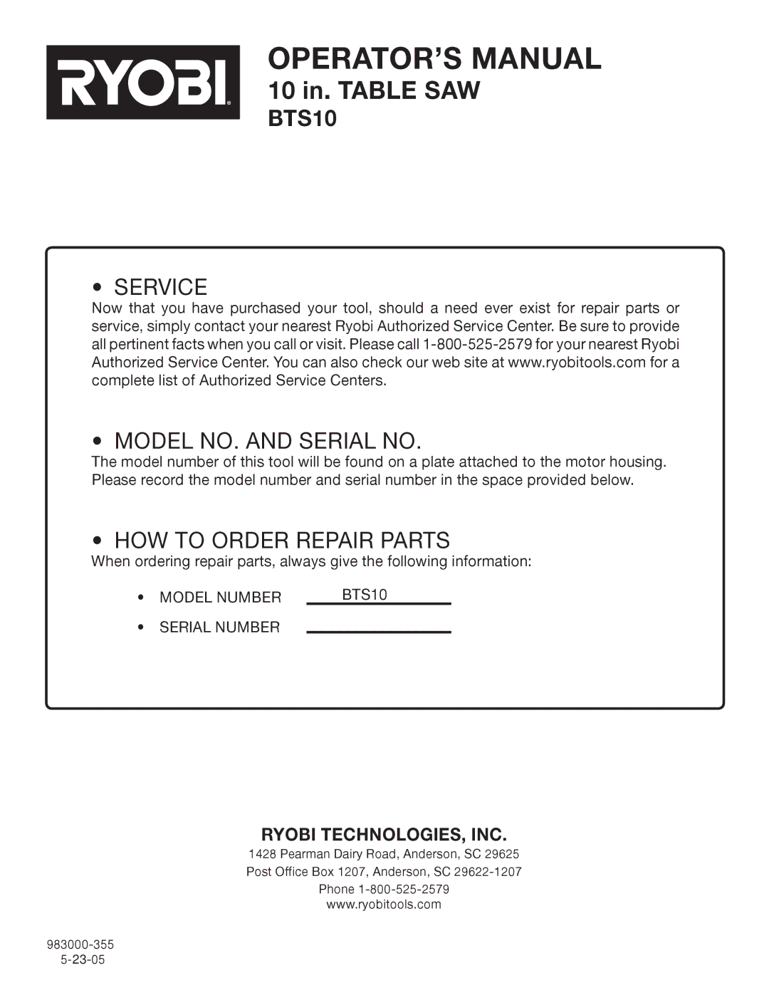 Ryobi BTS10 manual Service Model NO. and Serial no 