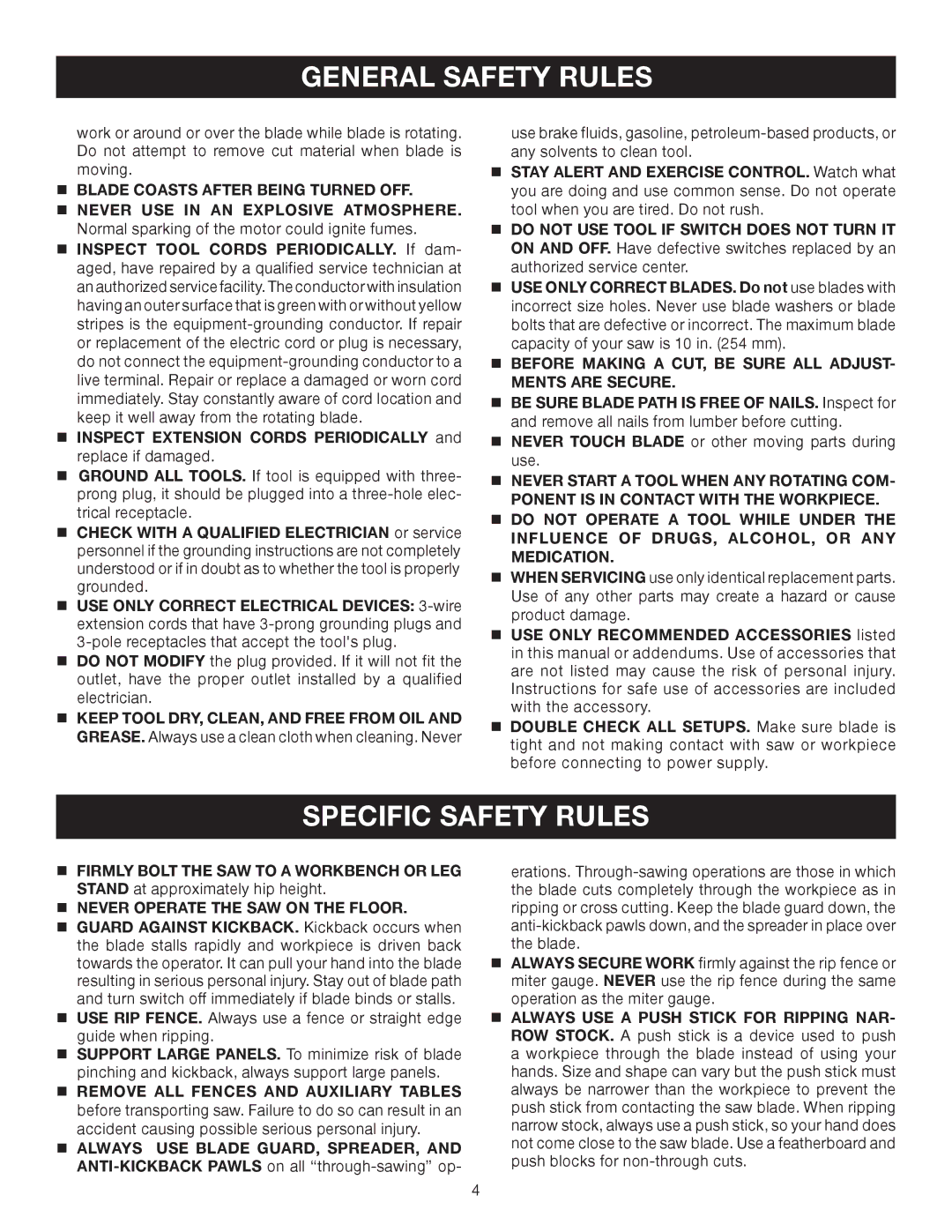 Ryobi BTS10 manual Specific Safety Rules 