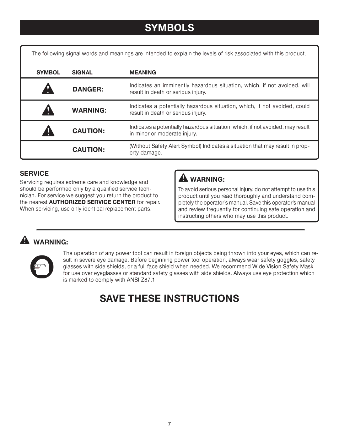 Ryobi BTS10 manual Service, Symbol Signal Meaning 