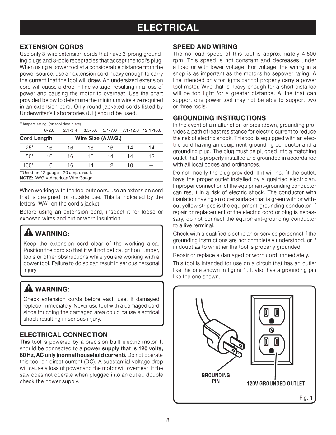 Ryobi BTS10 manual Extension Cords, Electrical Connection, Speed and Wiring, Grounding Instructions 