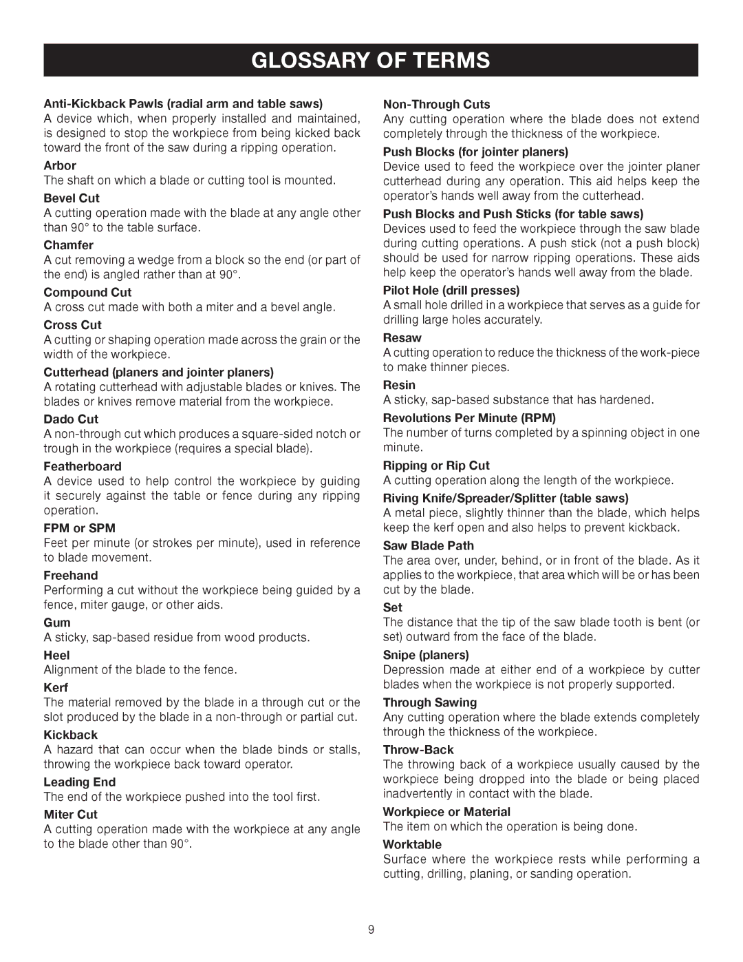 Ryobi BTS10 manual Glossary of Terms 