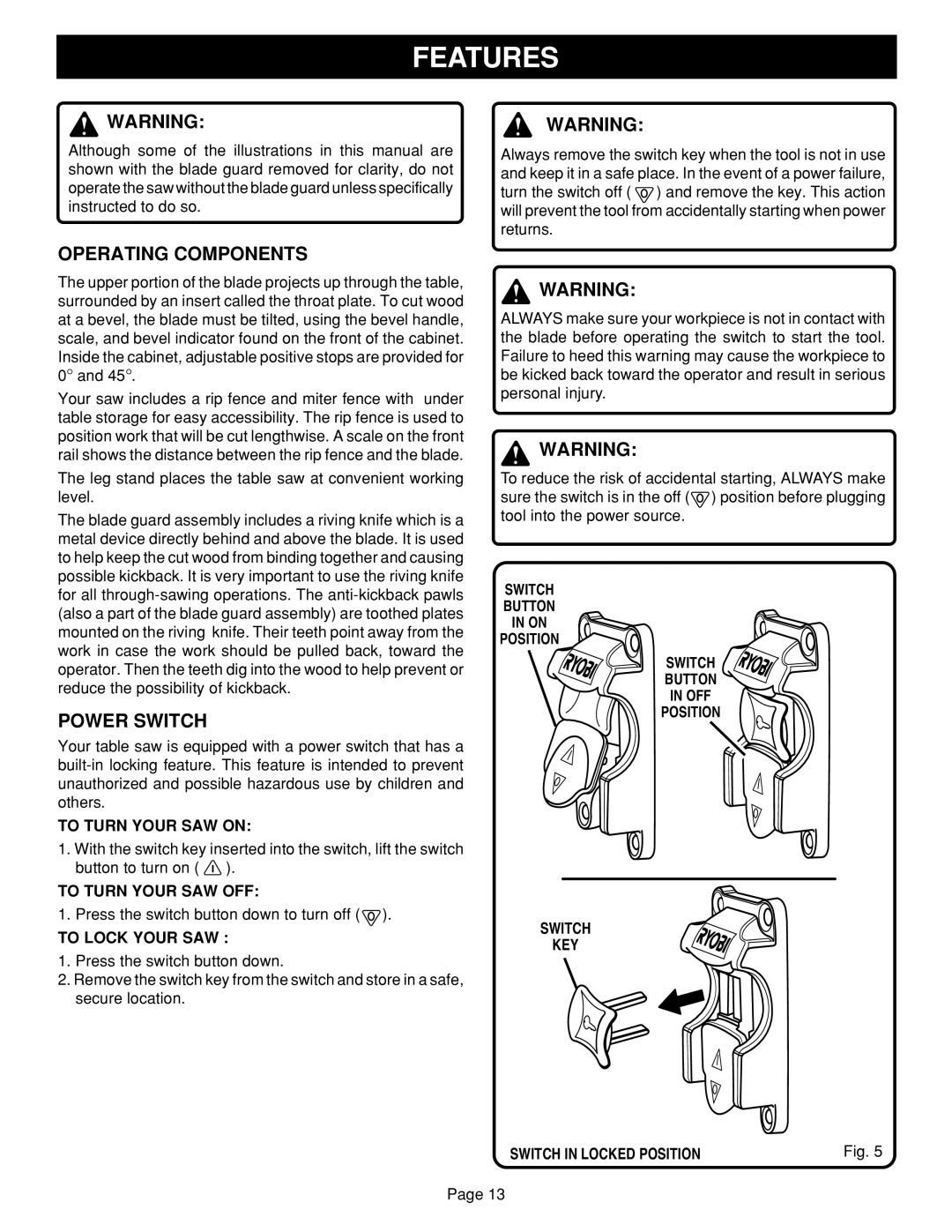 Ryobi BTS15 manual Operating Components, Power Switch 