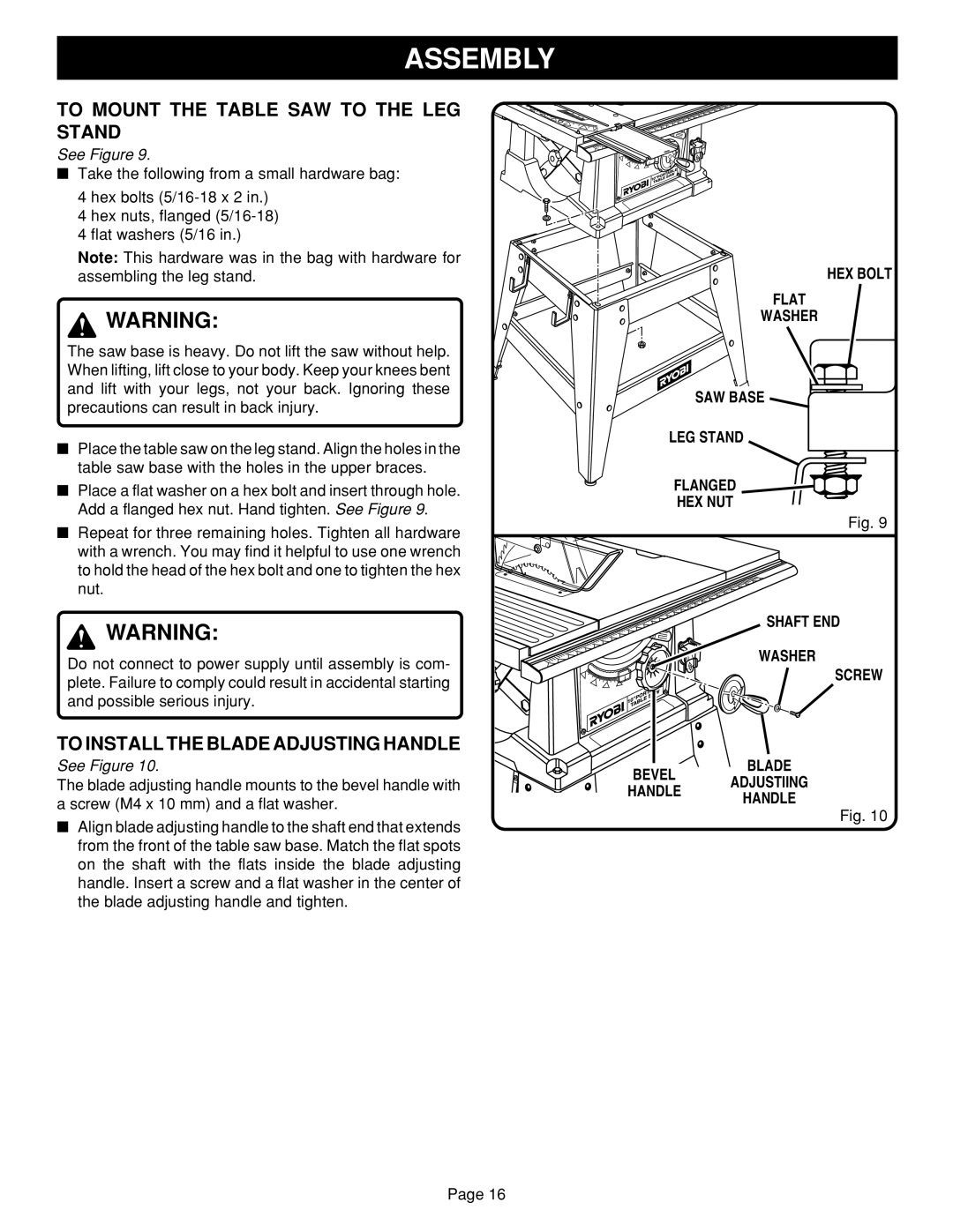 Ryobi BTS15 manual To Mount the Table SAW to the LEG Stand, To Install the Blade Adjusting Handle 