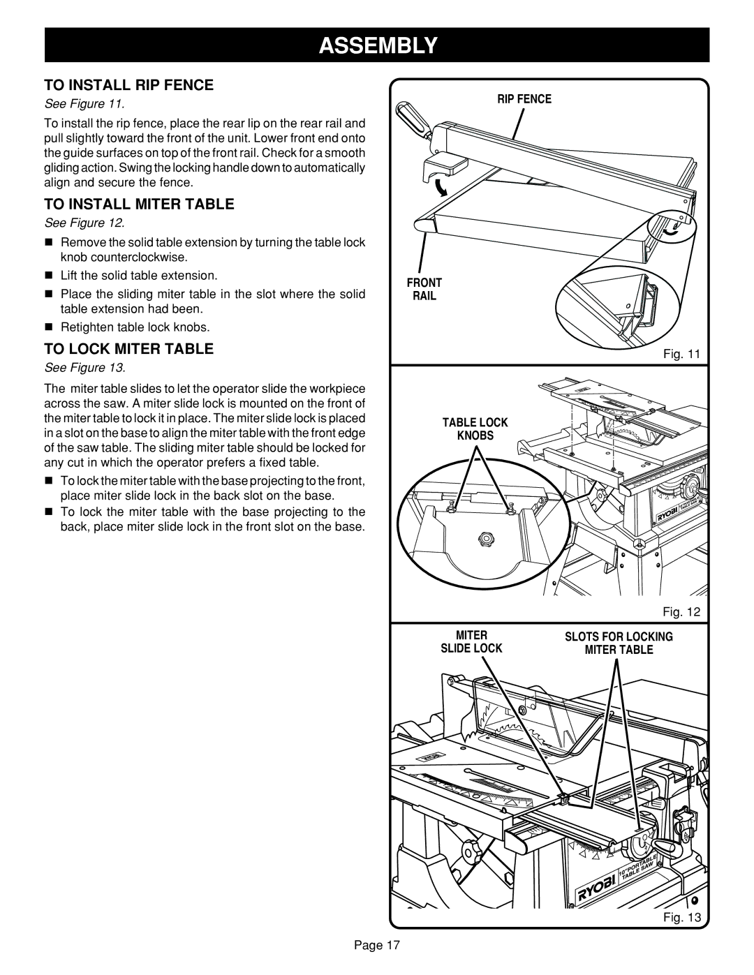 Ryobi BTS15 manual To Install RIP Fence, To Install Miter Table, To Lock Miter Table, RIP Fence Front Rail Table Lock Knobs 