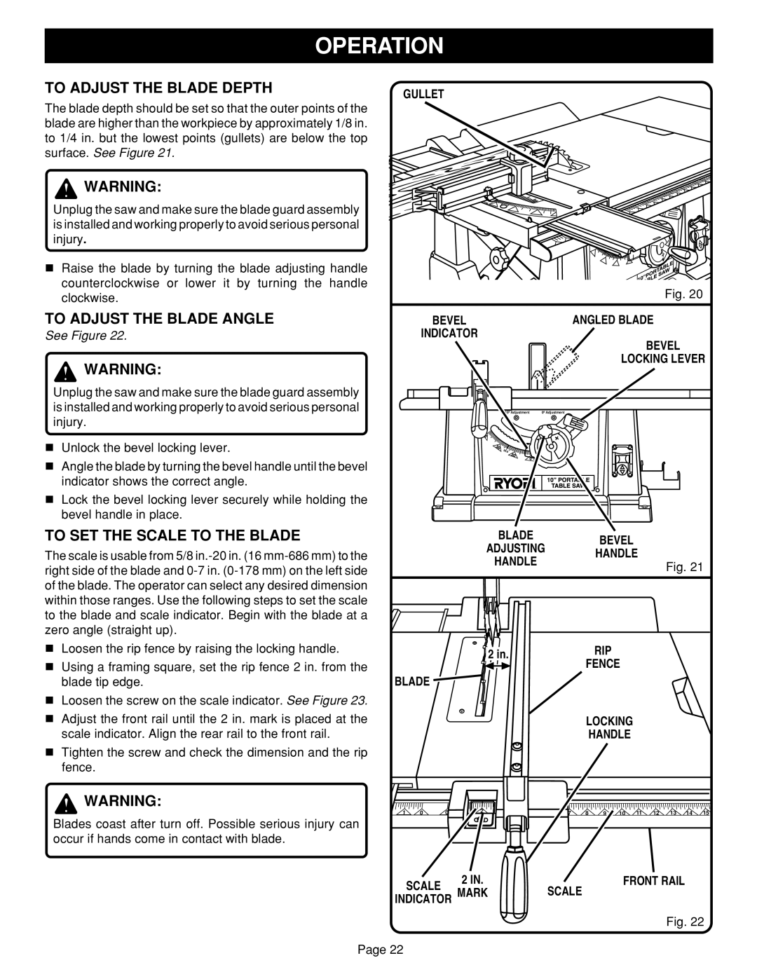 Ryobi BTS15 manual To Adjust the Blade Depth, To Adjust the Blade Angle, To SET the Scale to the Blade 