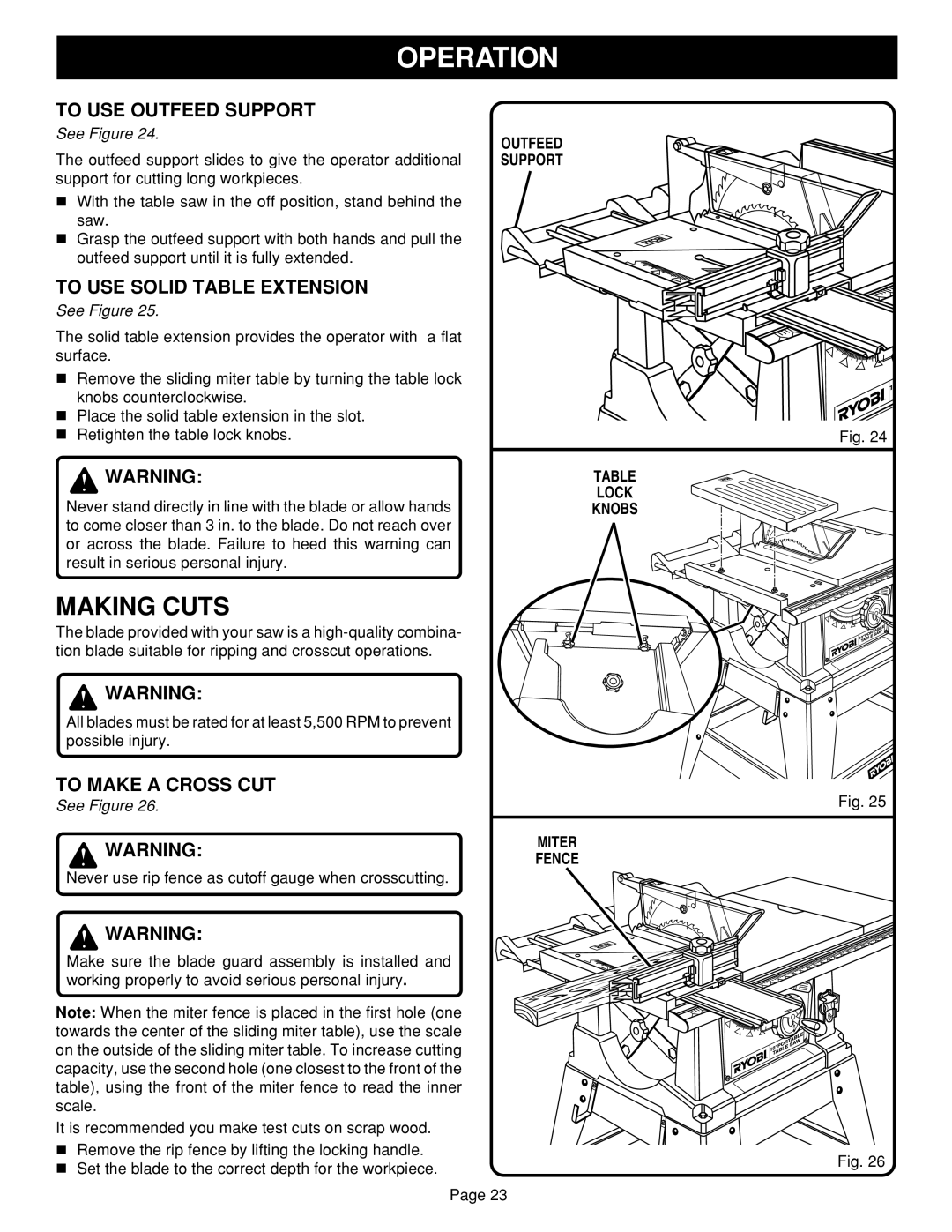 Ryobi BTS15 manual To USE Outfeed Support, To USE Solid Table Extension, To Make a Cross CUT 