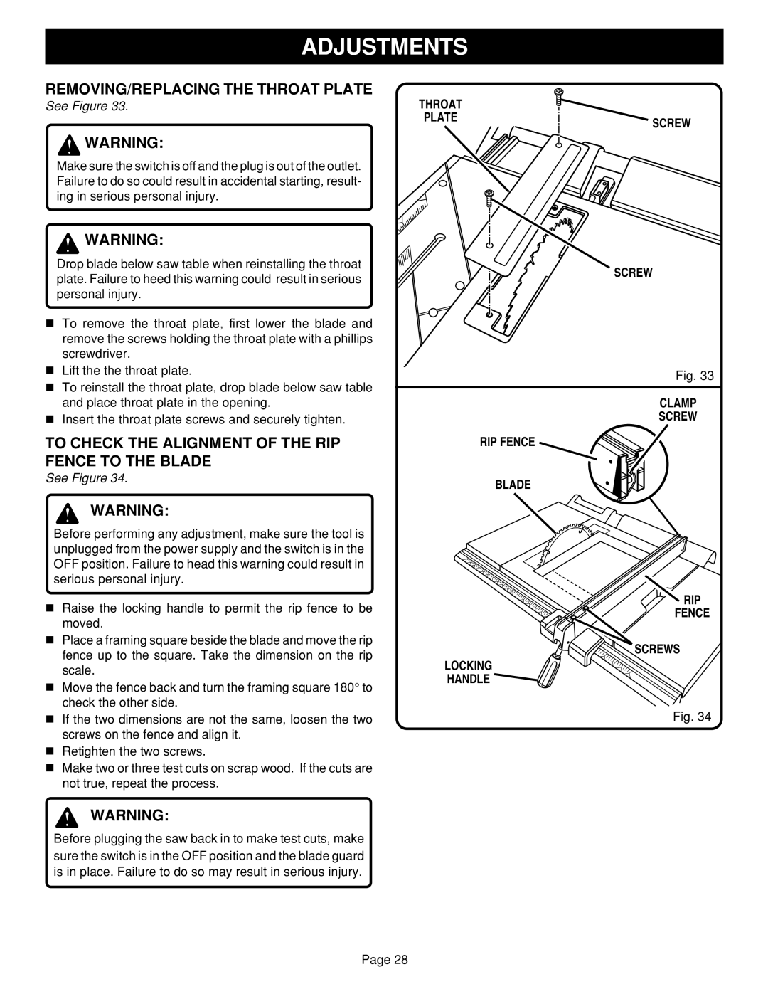 Ryobi BTS15 manual Adjustments, REMOVING/REPLACING the Throat Plate, To Check the Alignment of the RIP Fence to the Blade 