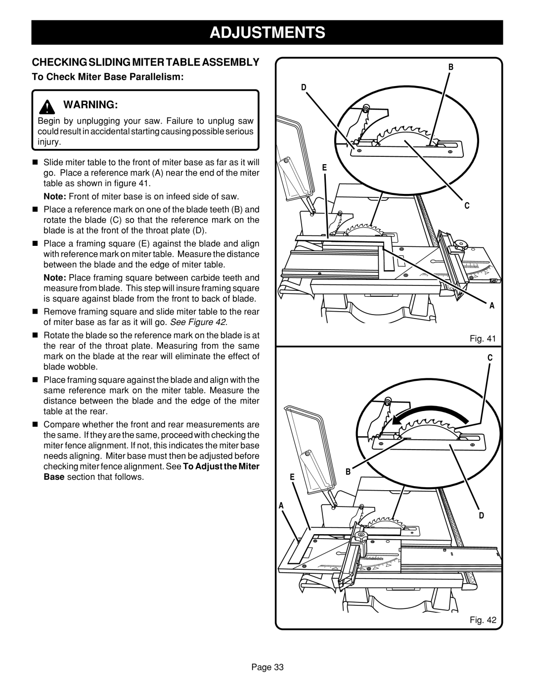 Ryobi BTS15 manual Checking Sliding Miter Table Assembly, To Check Miter Base Parallelism 