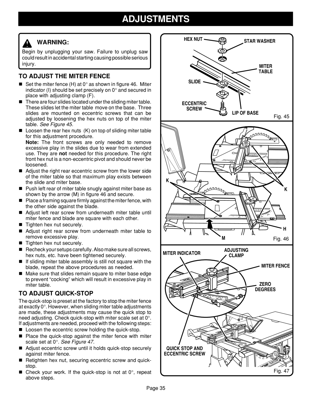 Ryobi BTS15 manual To Adjust the Miter Fence, To Adjust QUICK-STOP 