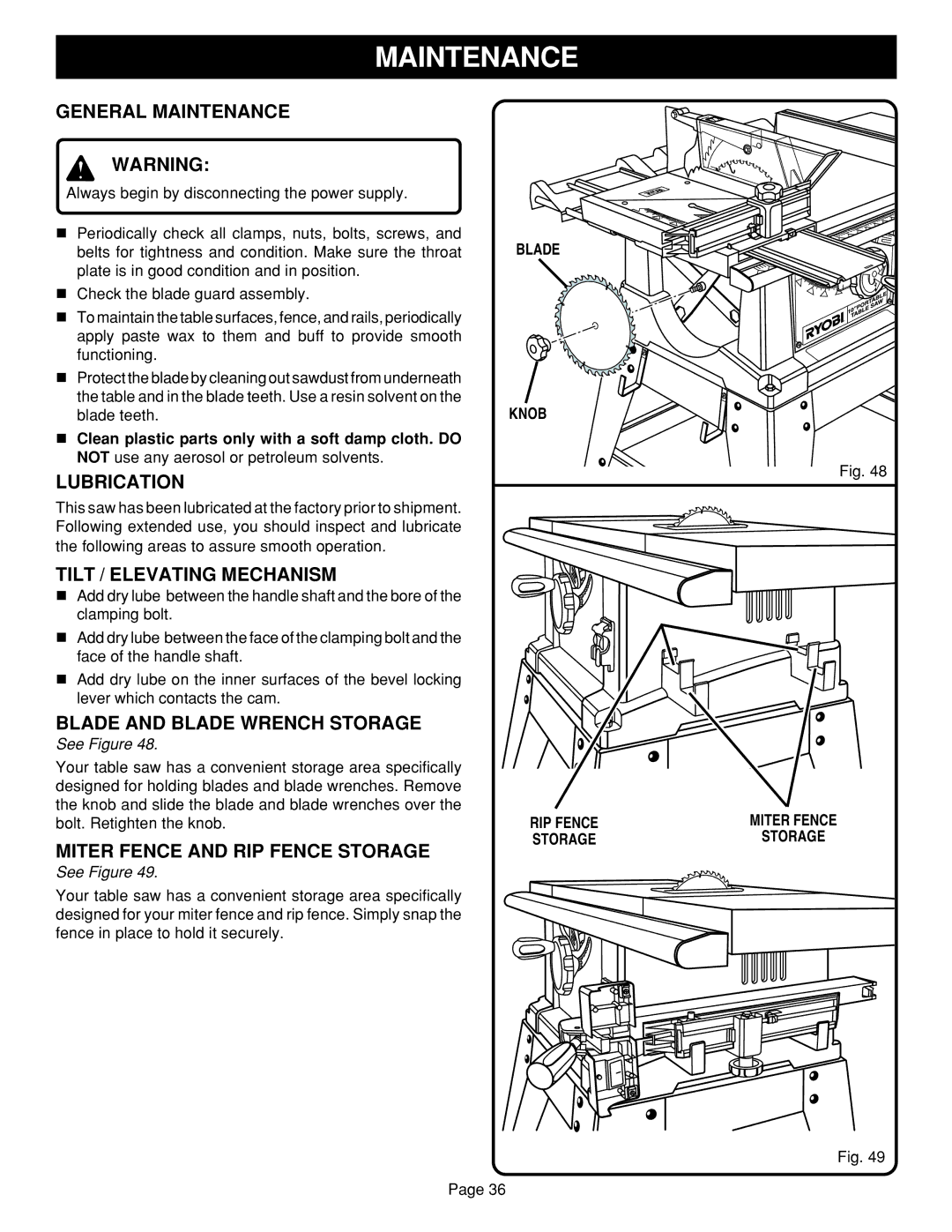 Ryobi BTS15 manual Maintenance 