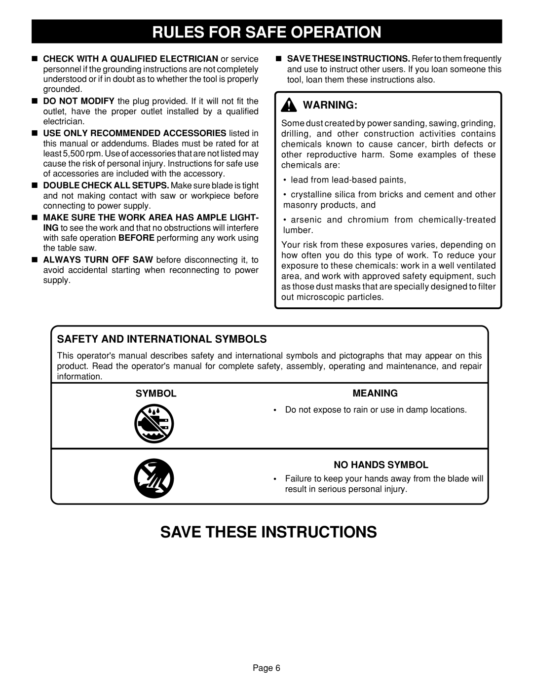 Ryobi BTS15 manual Safety and International Symbols 