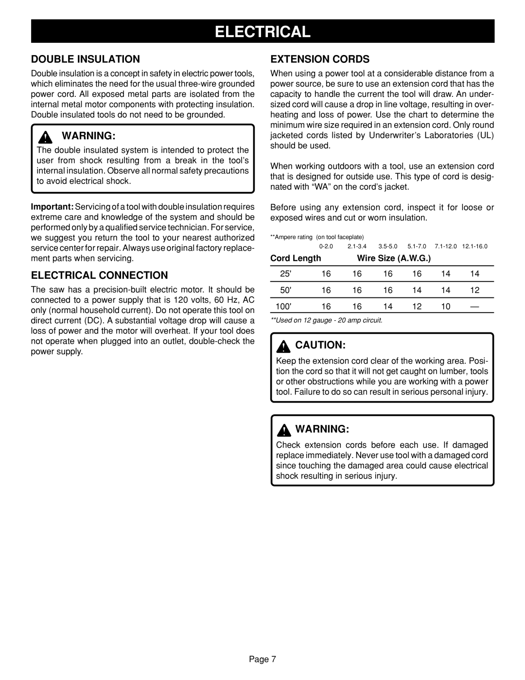 Ryobi BTS15 manual Double Insulation, Electrical Connection, Extension Cords 