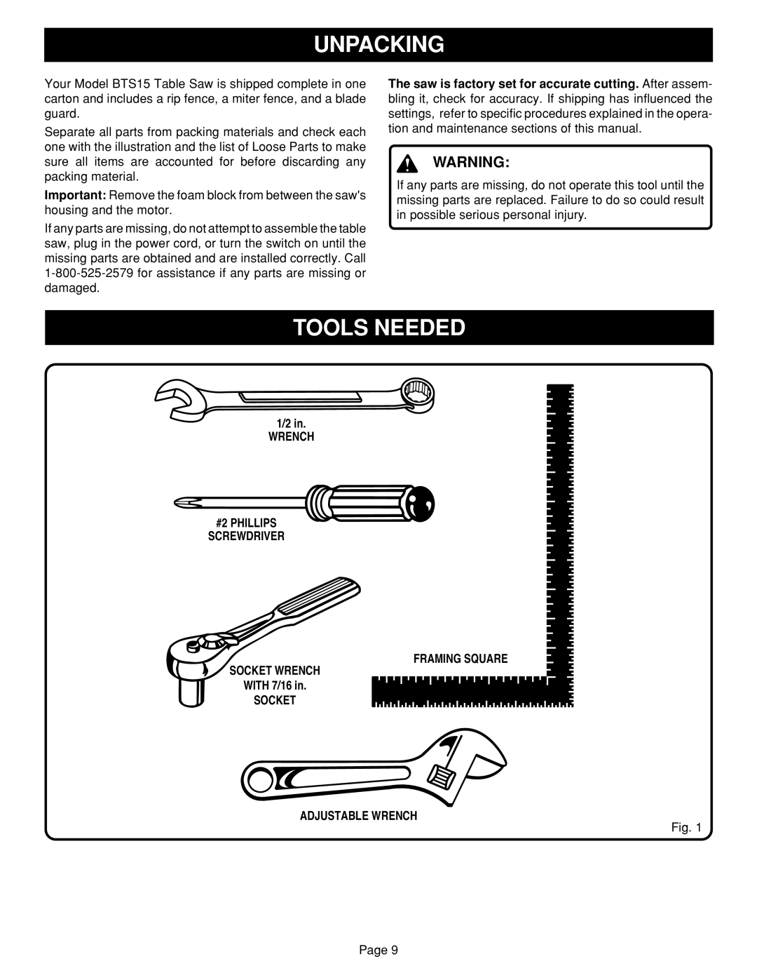 Ryobi BTS15 Unpacking, Tools Needed, Wrench #2 Phillips Screwdriver Framing Square Socket Wrench, Socket Adjustable Wrench 