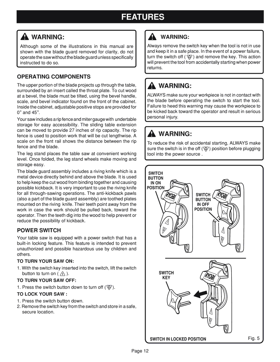 Ryobi BTS20 manual Operating Components, Power Switch 