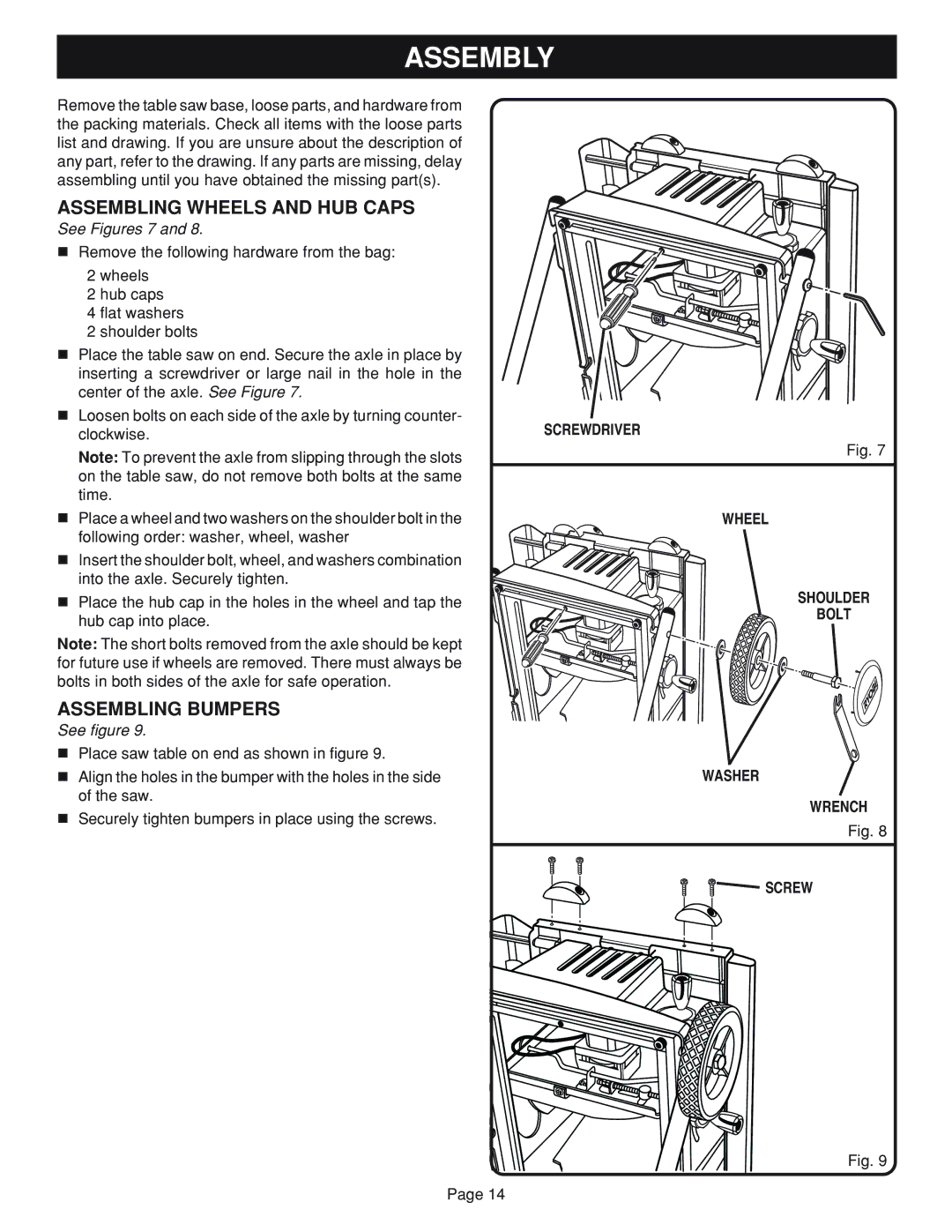 Ryobi BTS20 manual Assembly, Assembling Wheels and HUB Caps, Assembling Bumpers, Washer Wrench Screw 